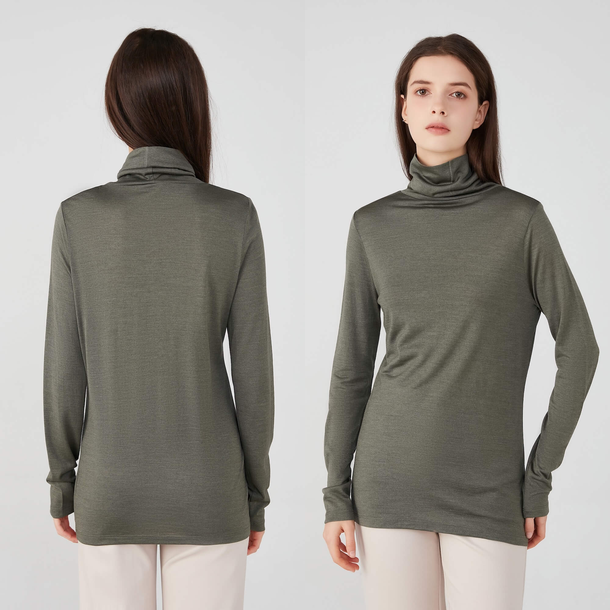 Ladies Silk Wool Turtle Neck Long Sleeved Top Khaki