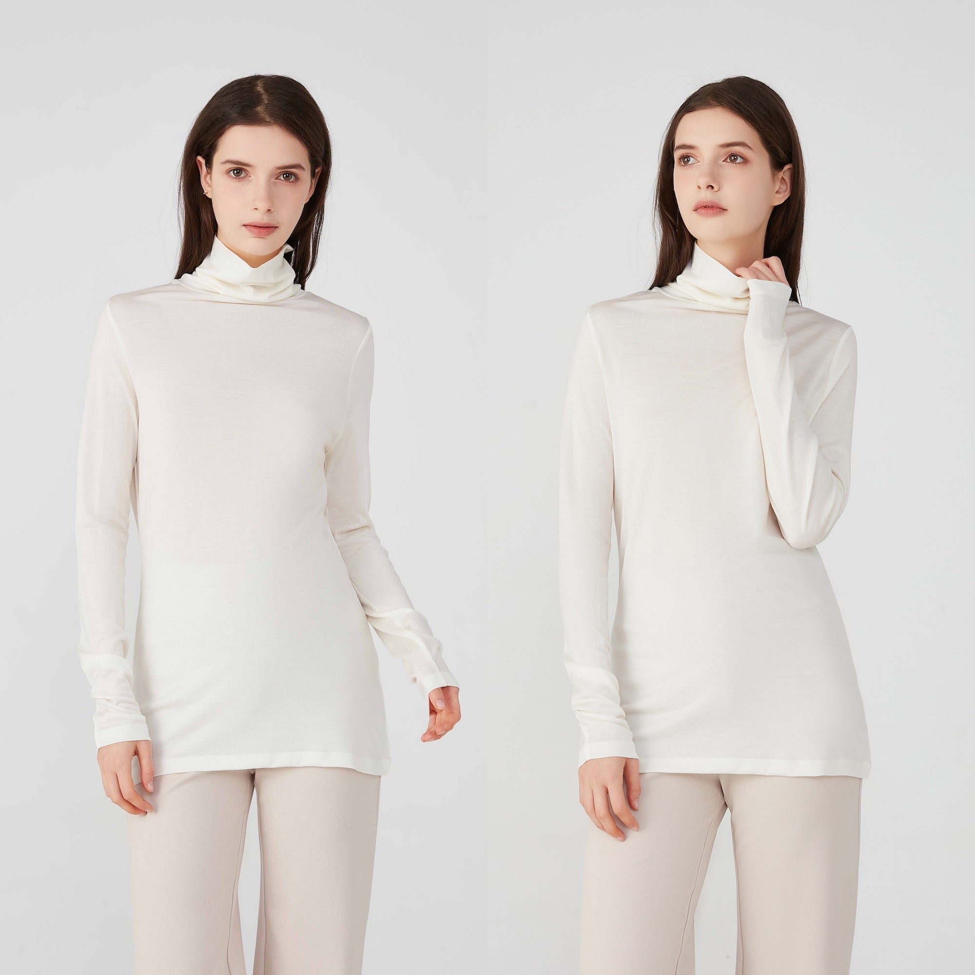Ladies Silk Wool Turtle Neck Long Sleeved Top Ivory