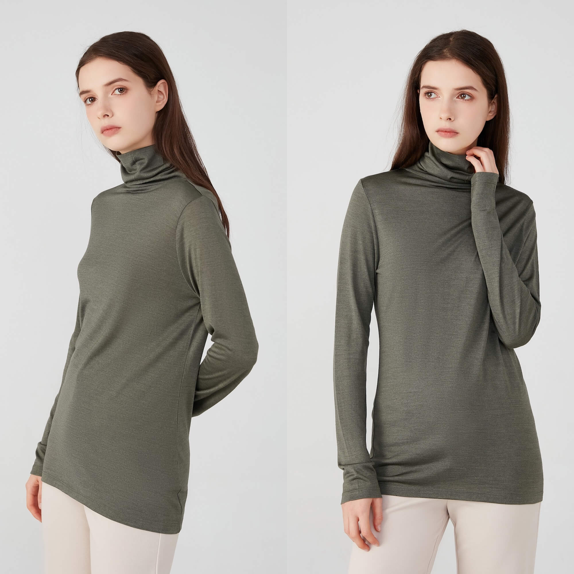 Ladies Silk Wool Turtle Neck Long Sleeved Top Khaki