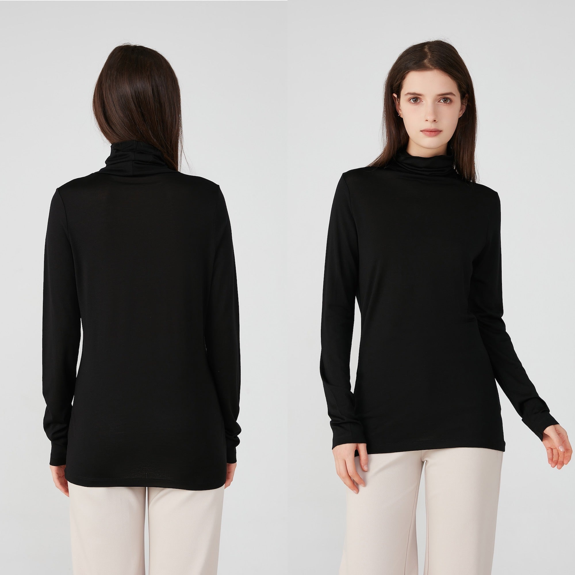 Ladies Silk Wool Turtle Neck Long Sleeved Top Black