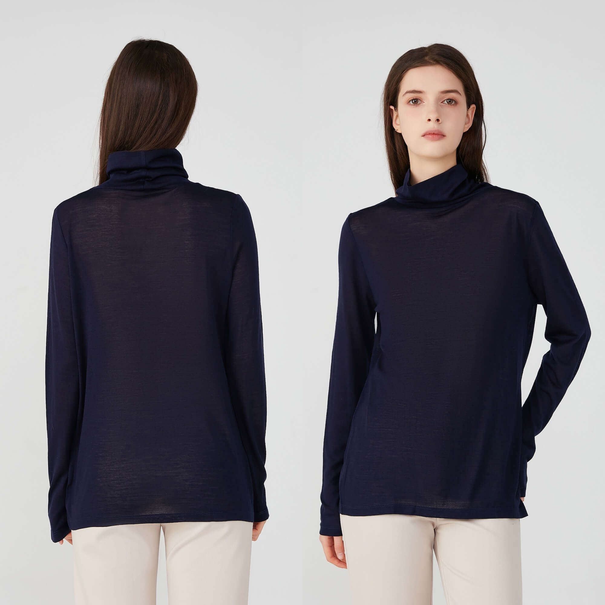 Ladies Silk Wool Turtle Neck Long Sleeved Top Navy