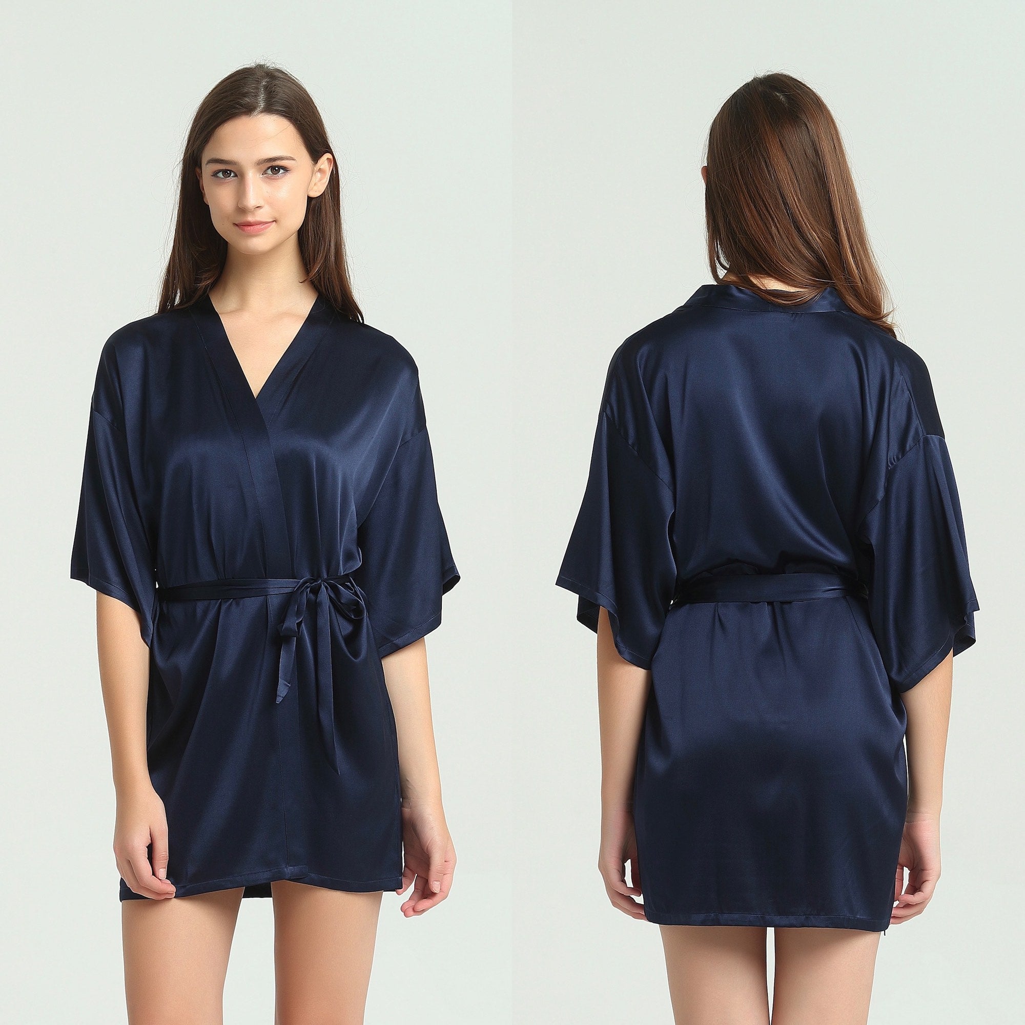Silk Kimono Dressing Gown - Navy