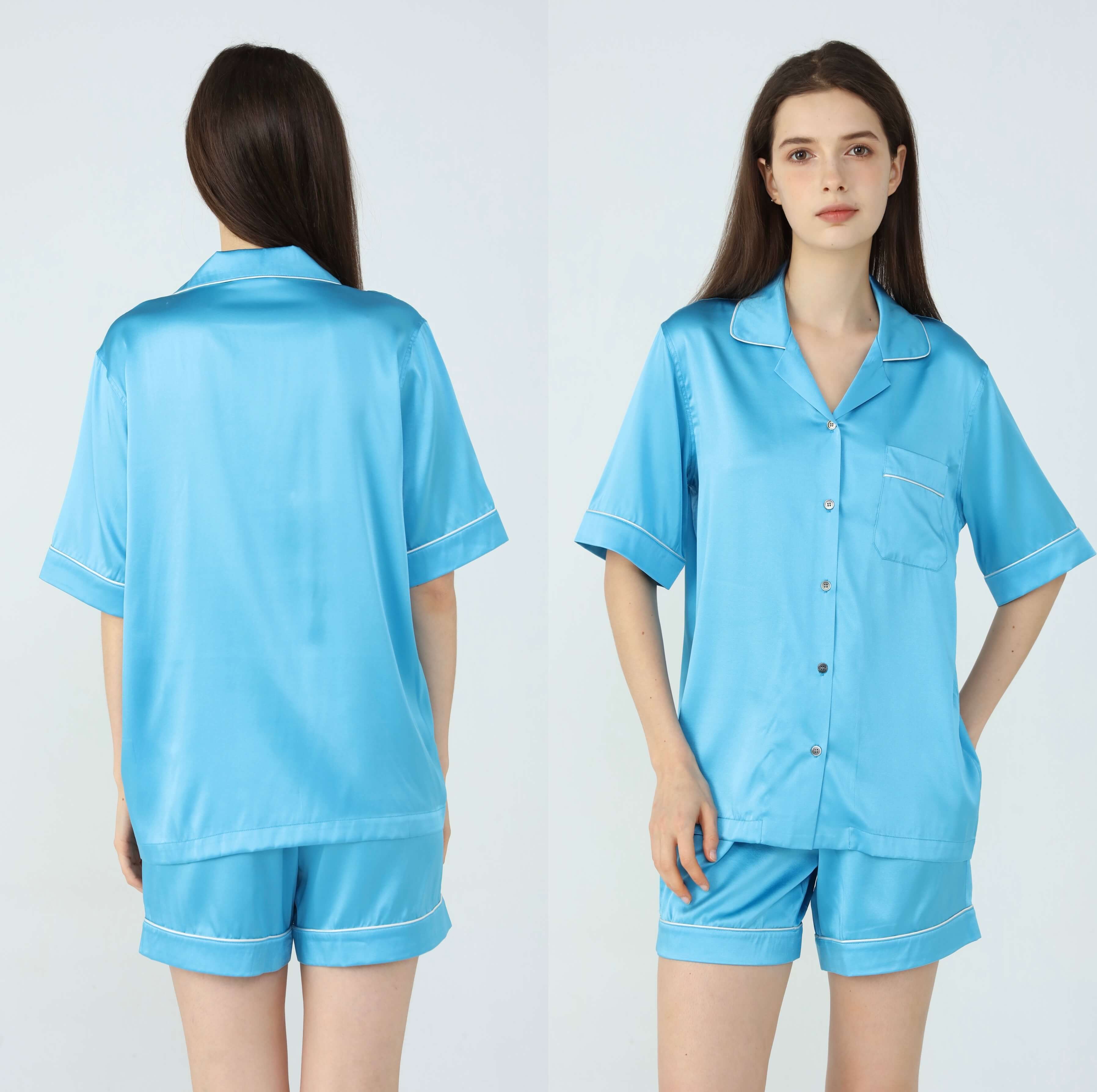 Womens Silk Short Pyjamas Set Blue