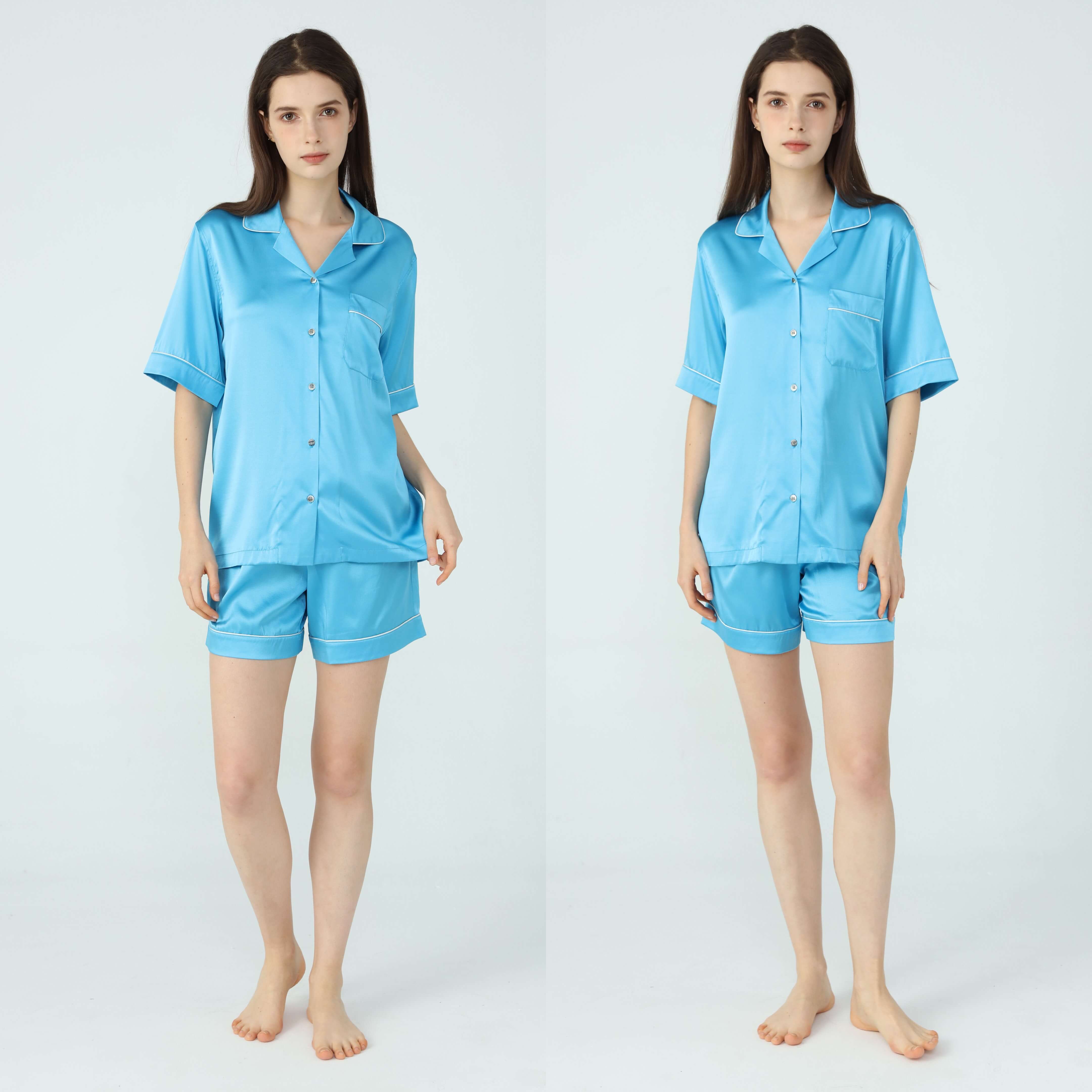 Womens Silk Short Pyjamas Set Blue