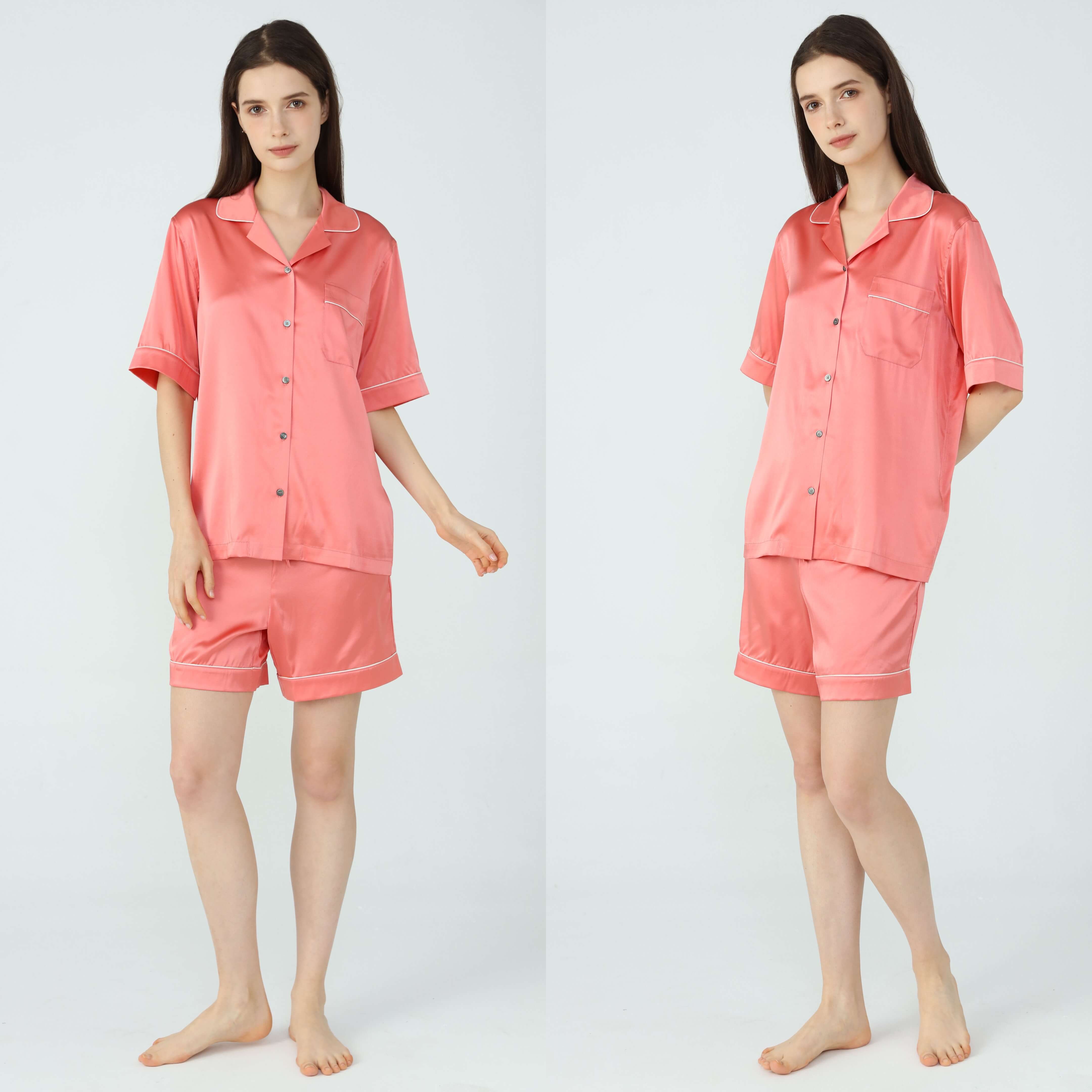 Womens Silk Short Pyjamas Set Coral