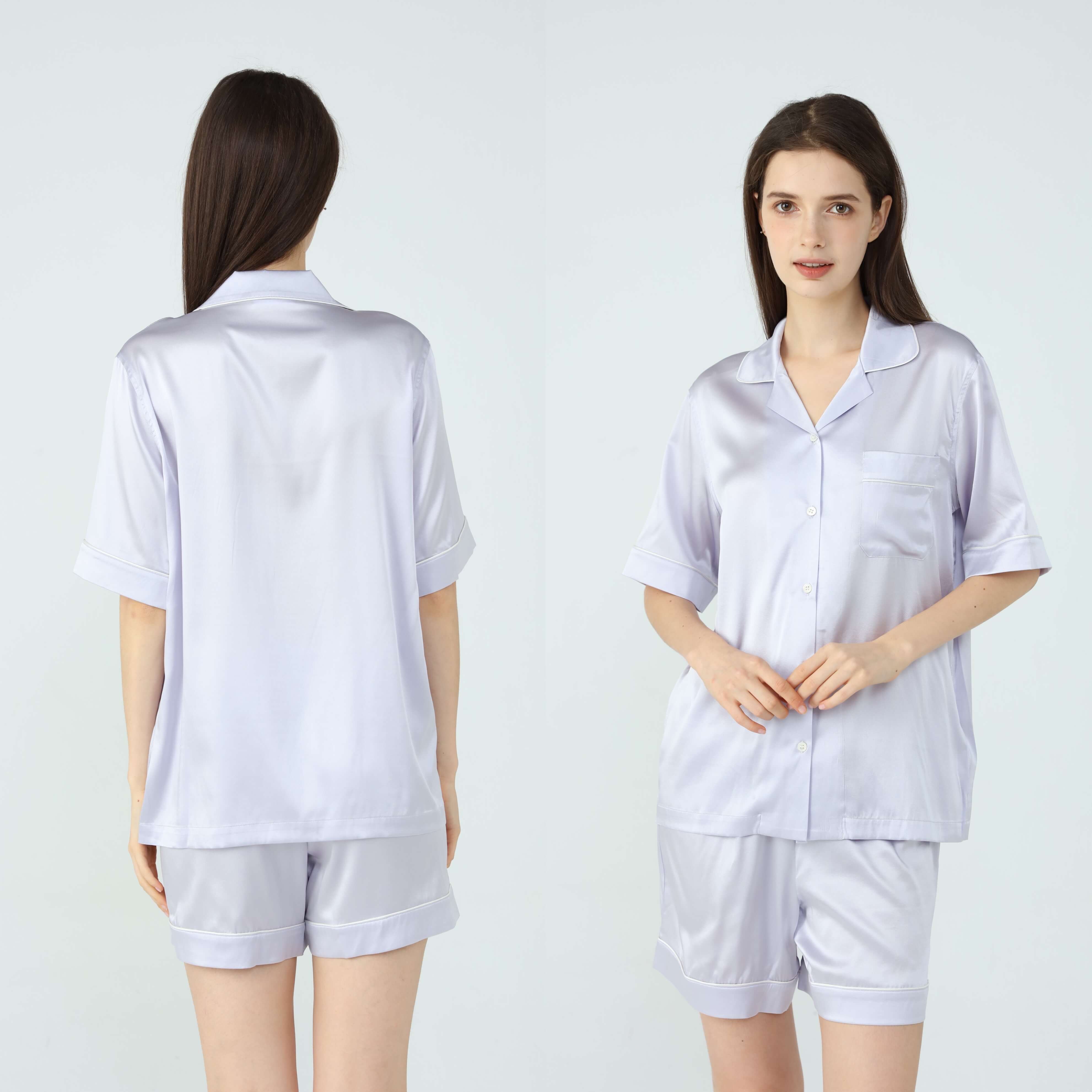 Womens Silk Short Pyjamas Set Silver Lilac