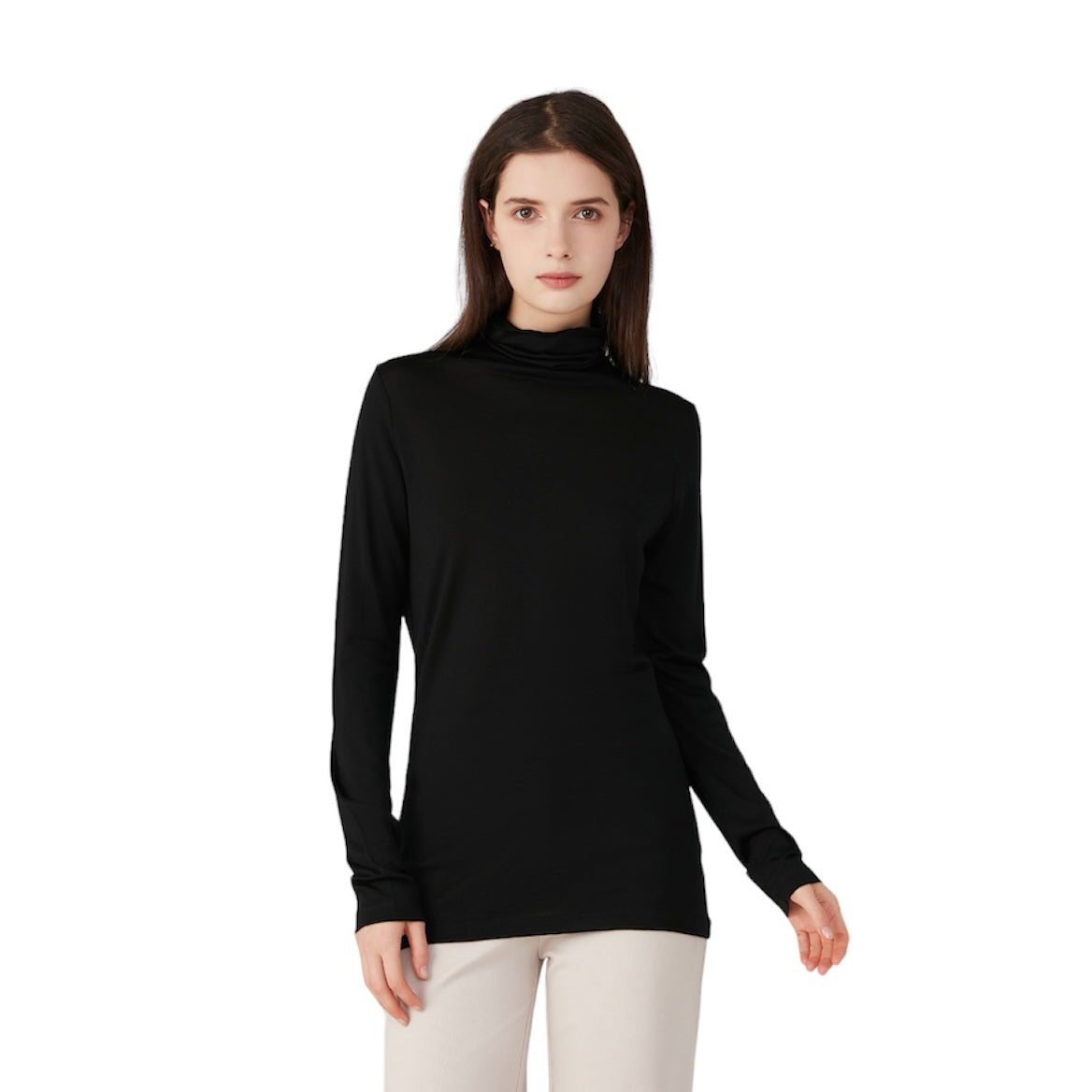 Ladies Silk Wool Turtle Neck Long Sleeved Top Black