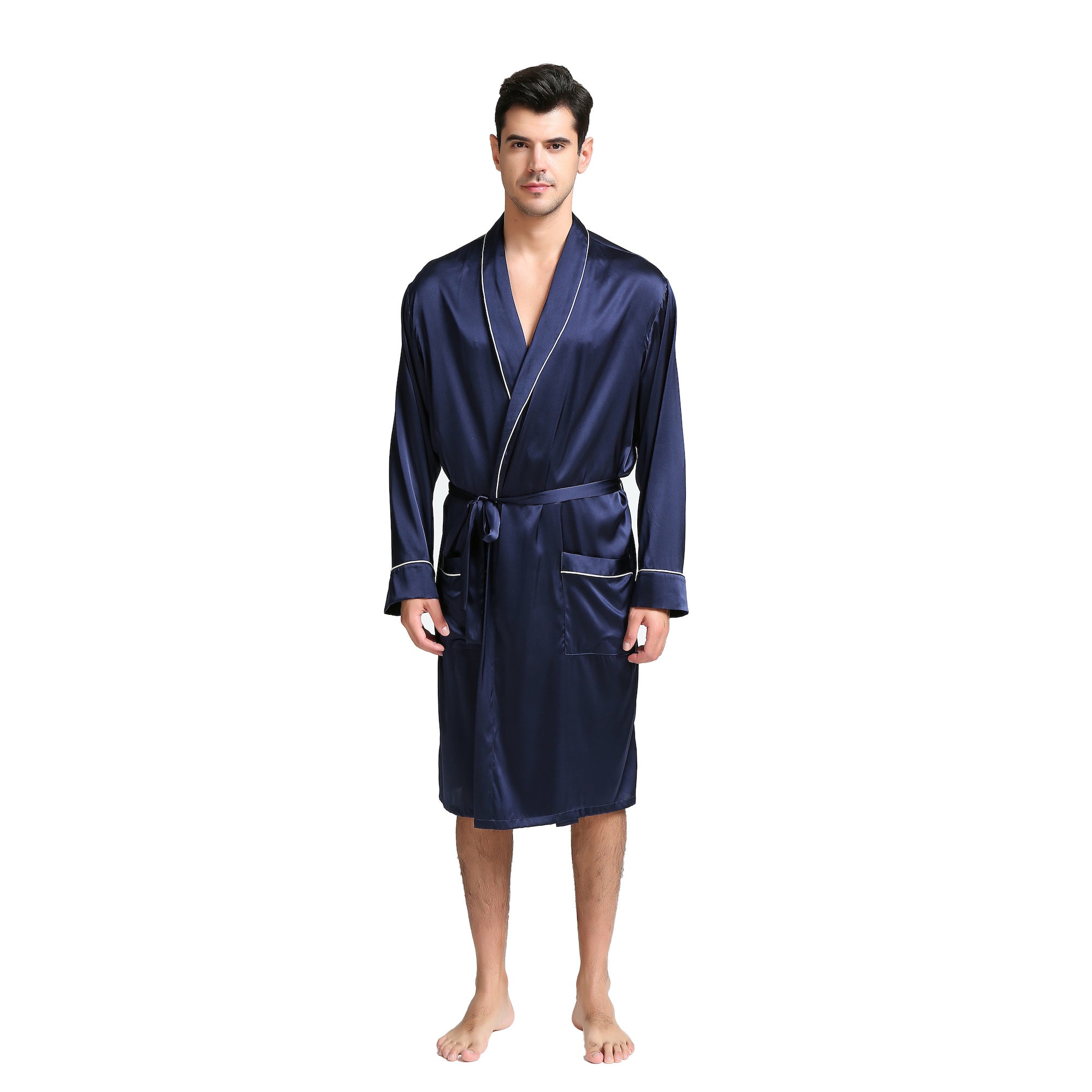 luxury silk dressing gowns men's Navy Silk Dressing Gown for Men