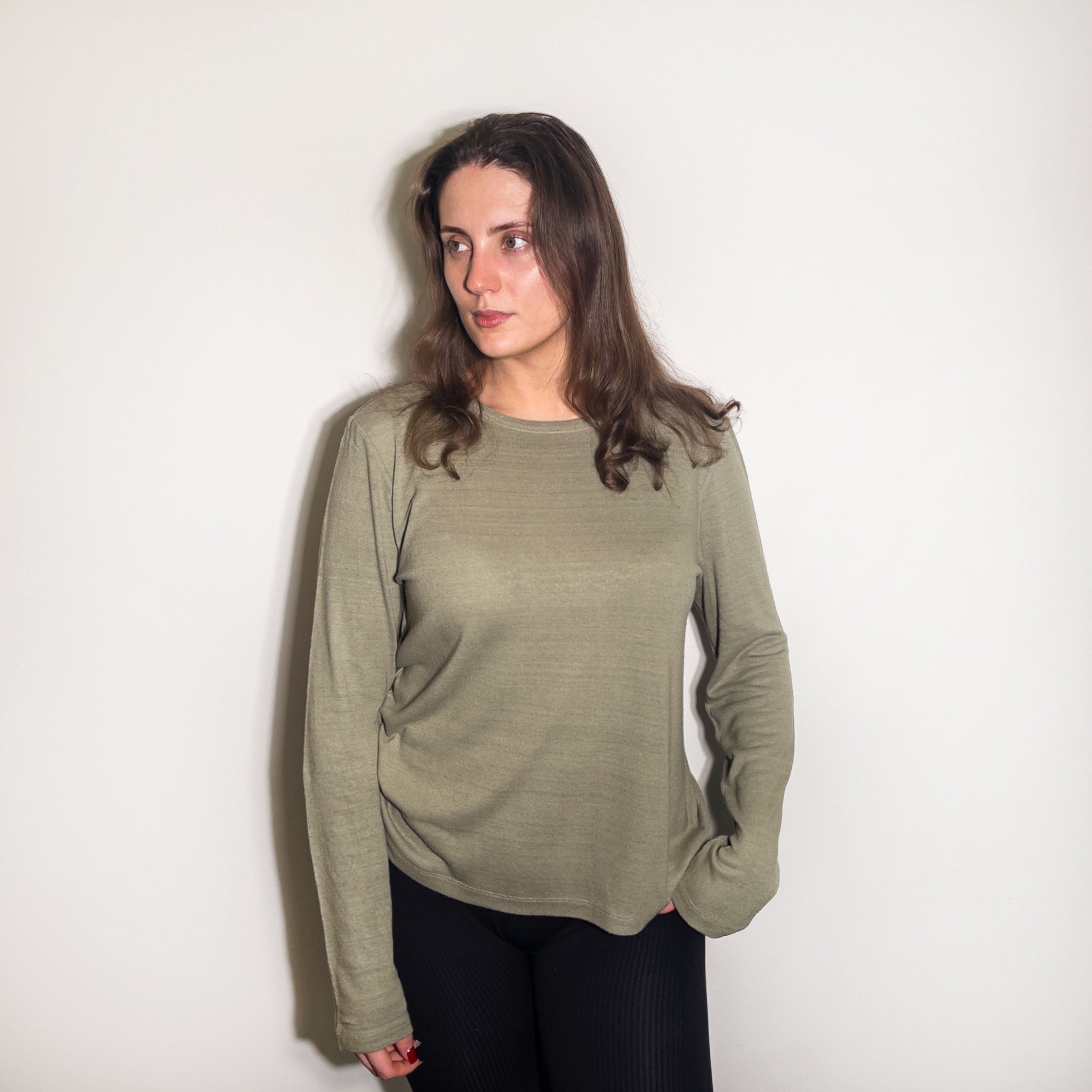 Ladies Khaki Noil Silk Long Sleeved Top