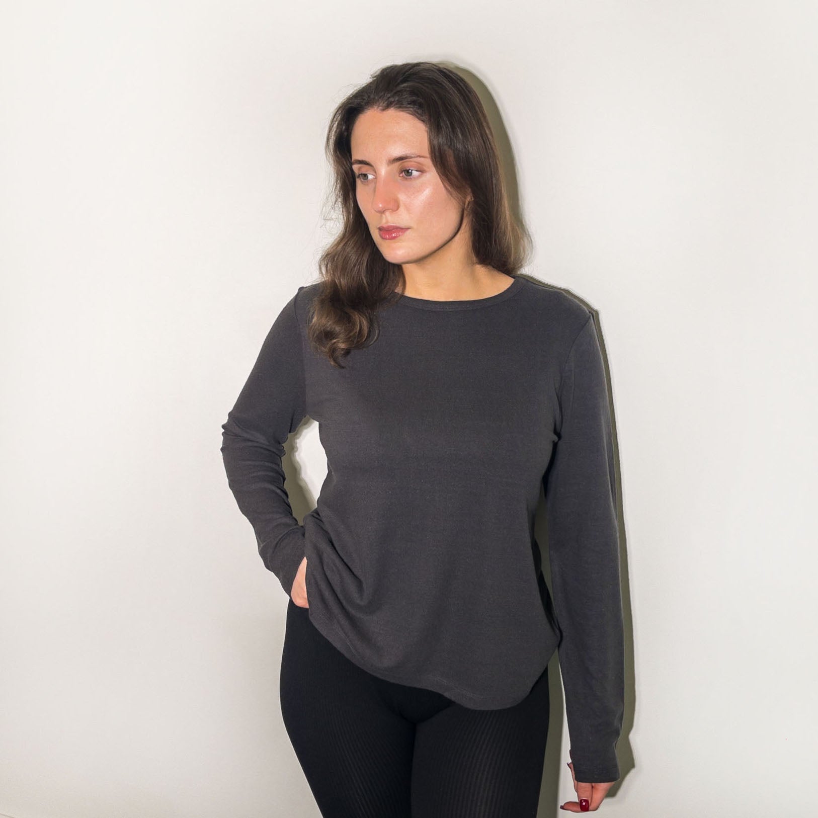 Ladies Charcoal Noil Silk Long Sleeved Top
