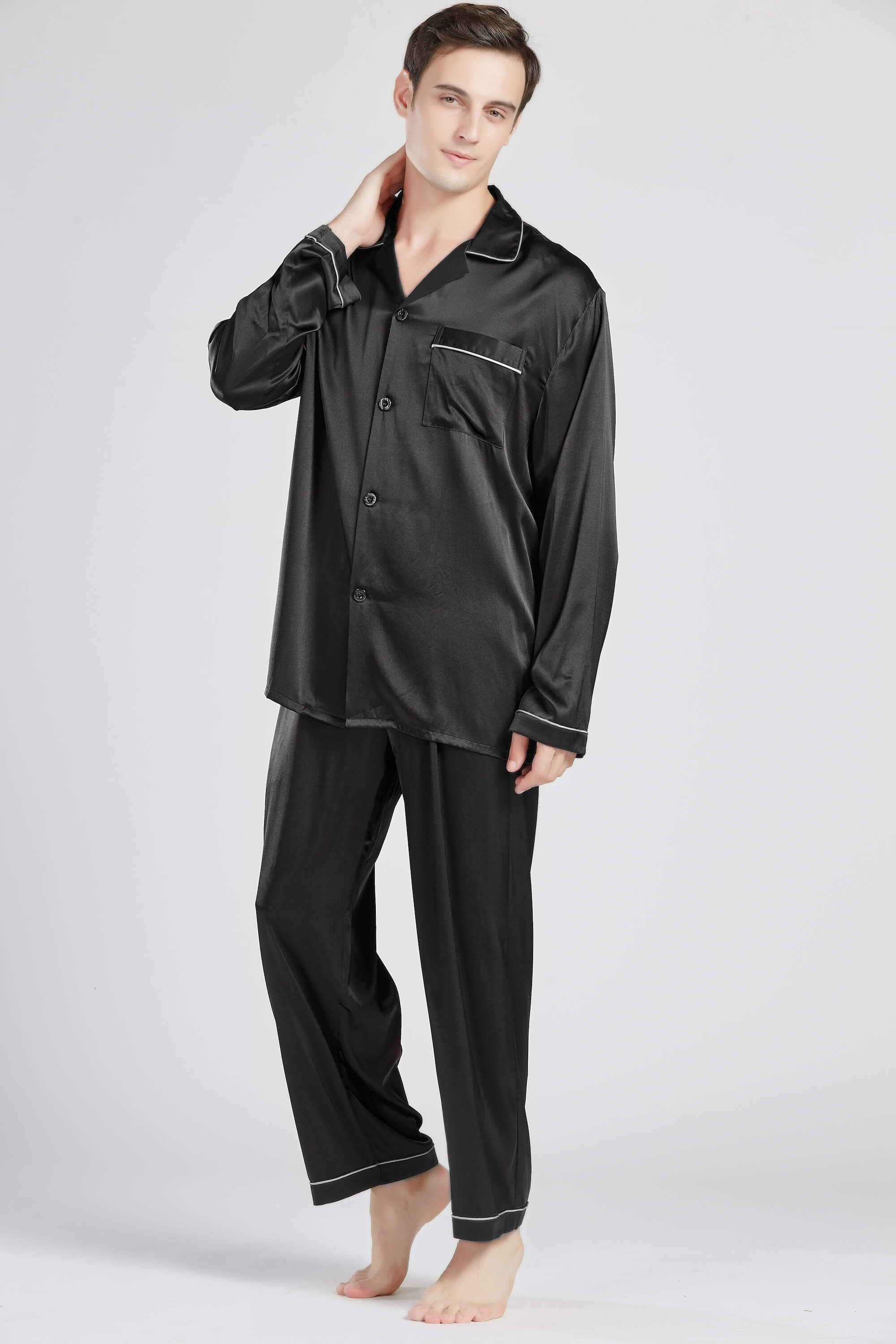 Mens Black Pure Silk Pyjamas