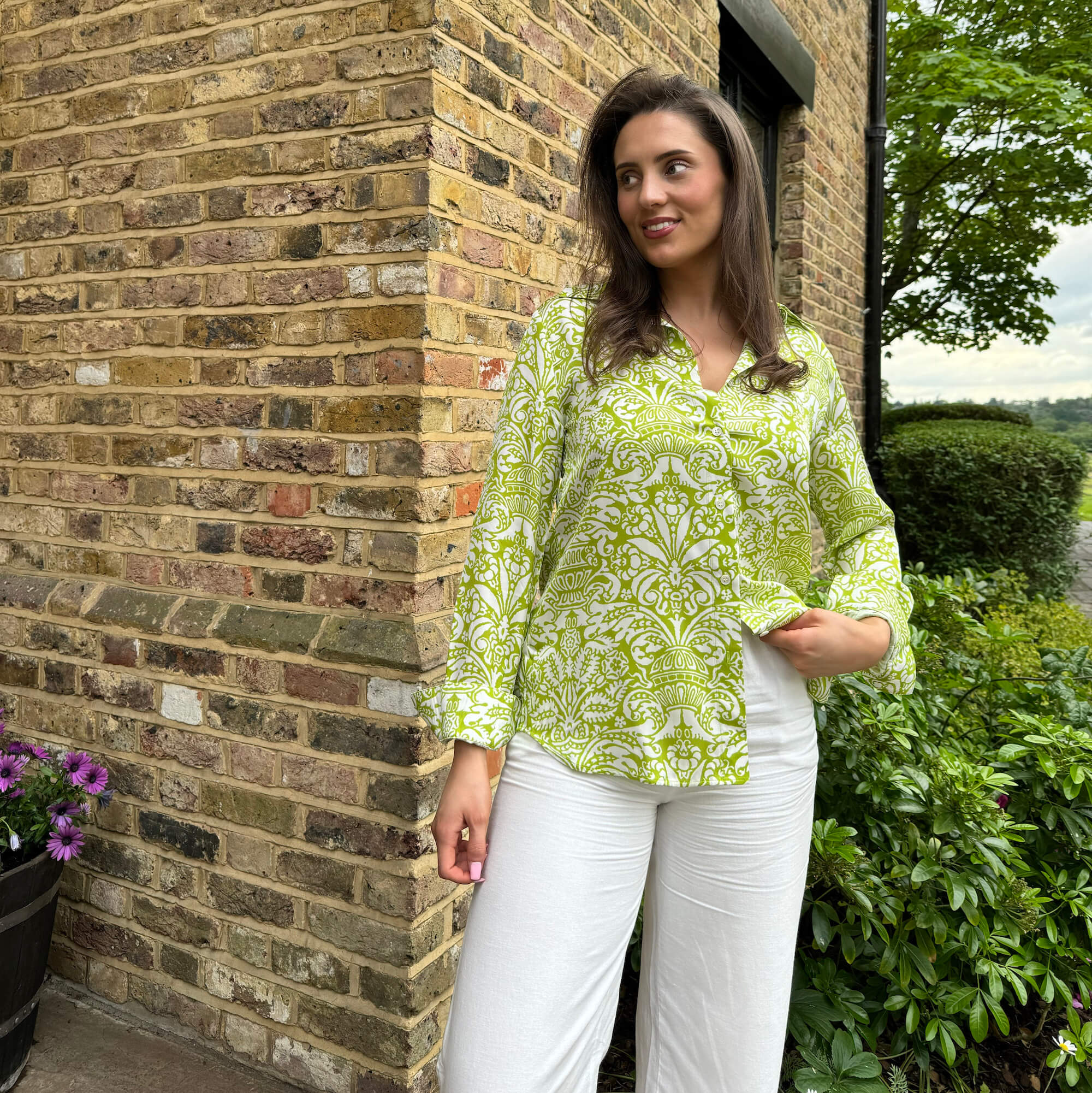 Womens Silk Blouse Green Coral