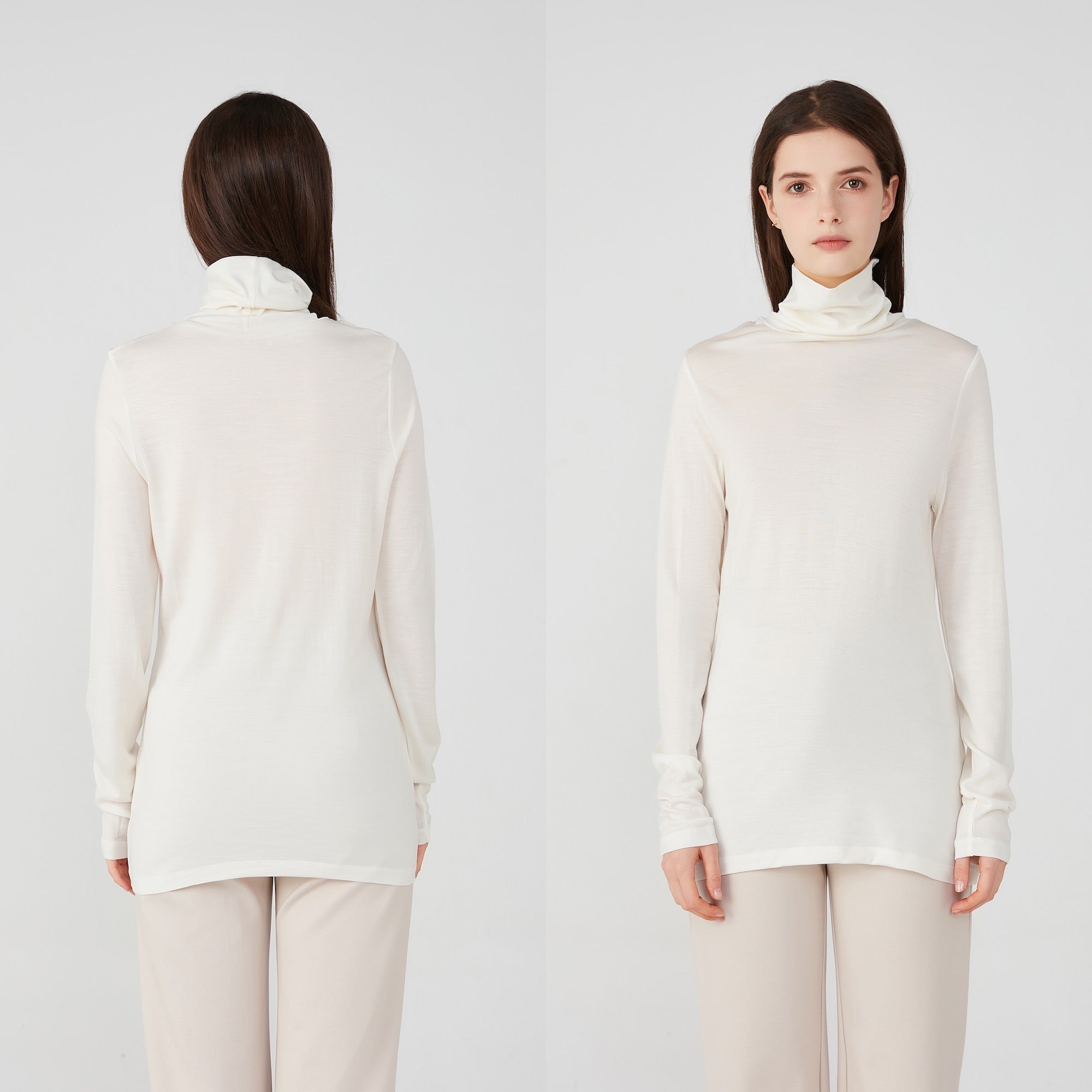 Ladies Silk Wool Turtle Neck Long Sleeved Top Ivory