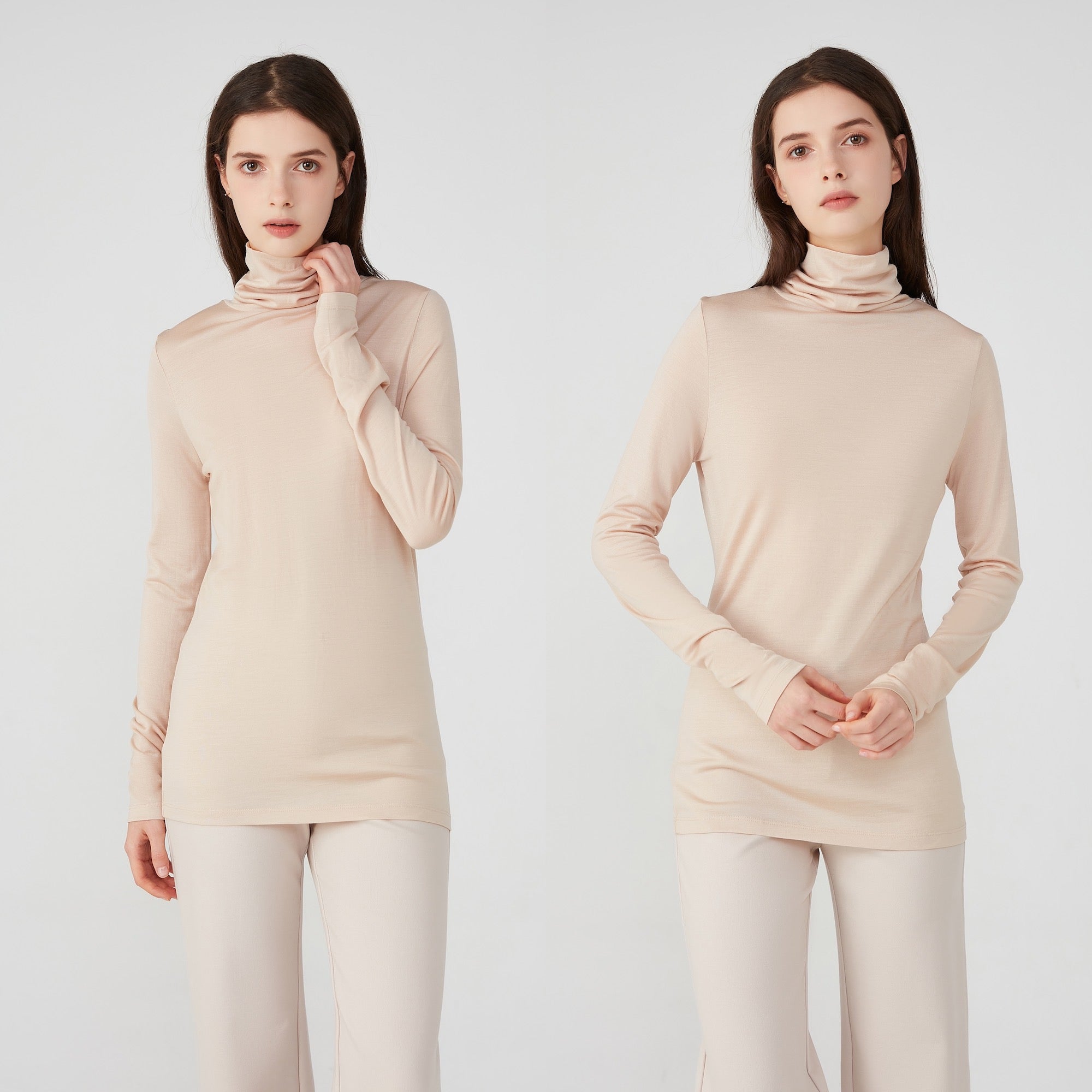 Ladies Silk Wool Turtle Neck Long Sleeved Top Nude