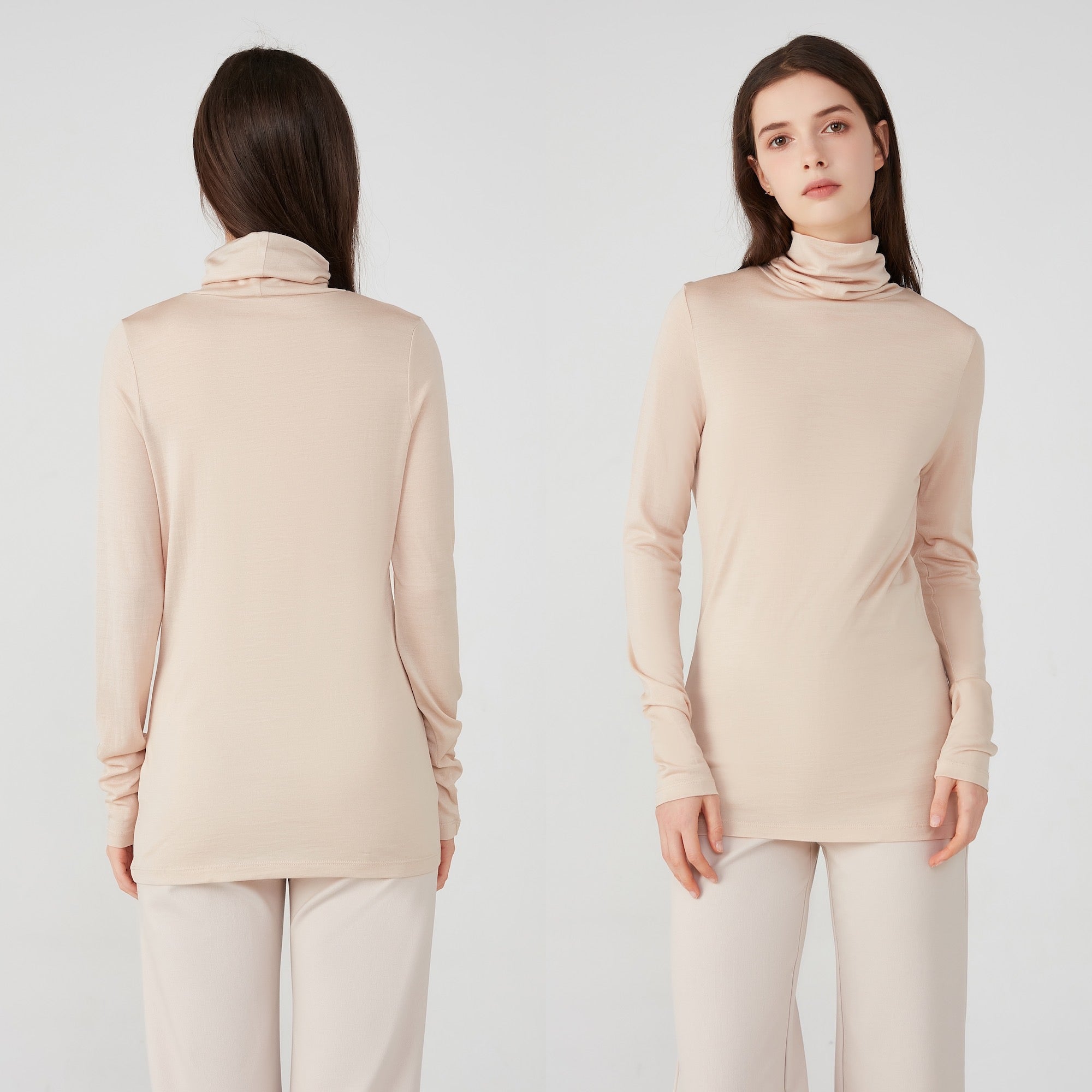 Ladies Silk Wool Turtle Neck Long Sleeved Top Nude