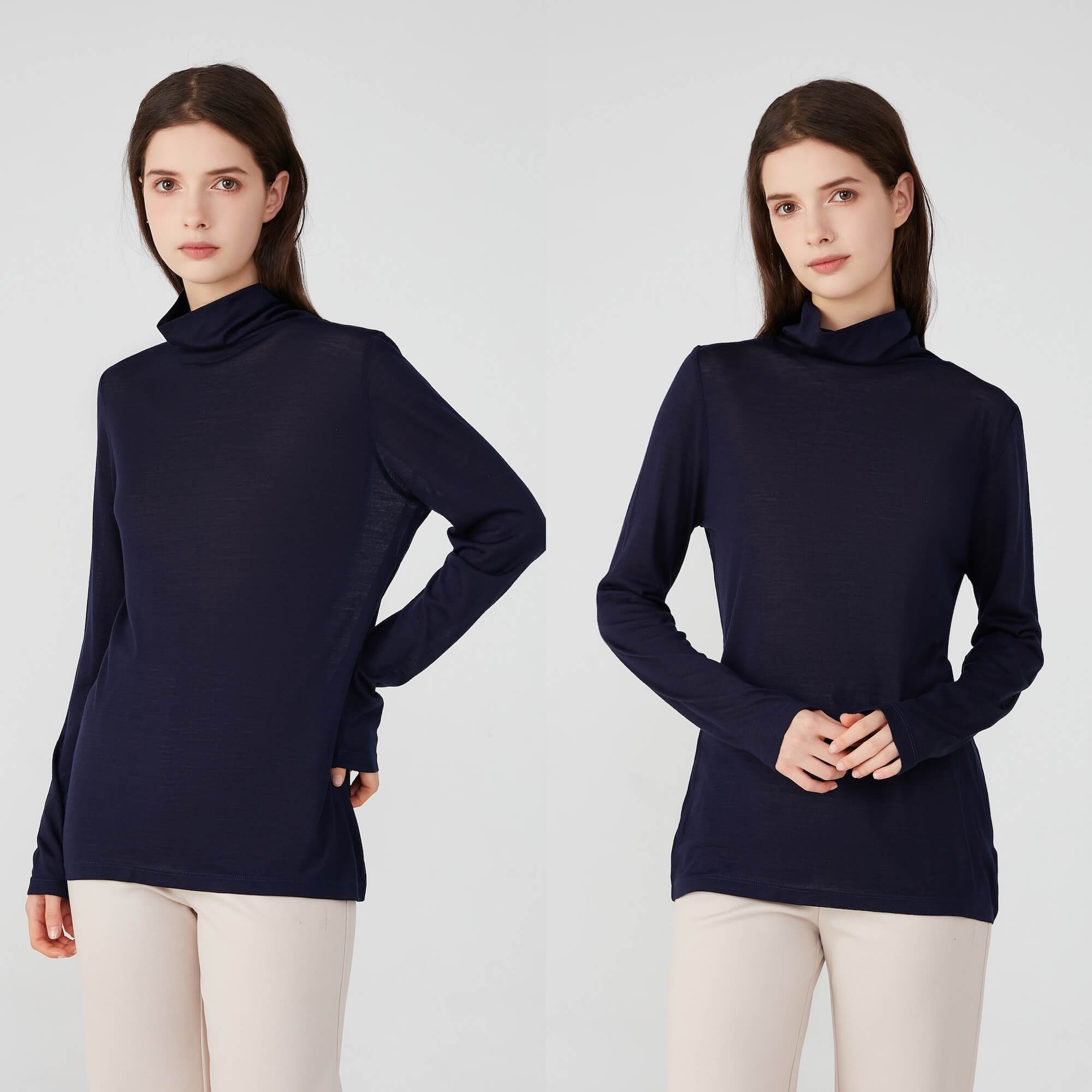 Ladies Silk Wool Turtle Neck Long Sleeved Top Navy
