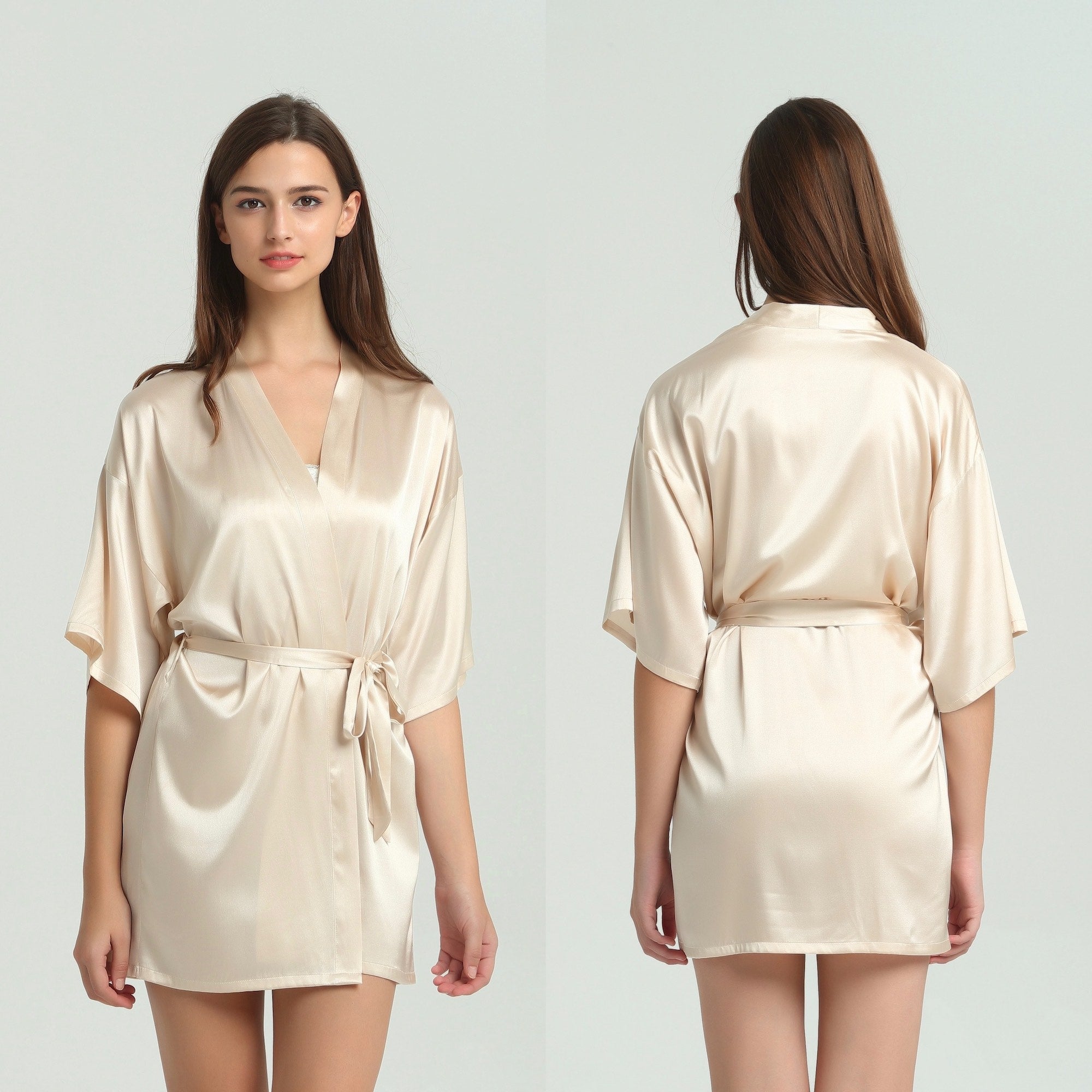 Silk Kimono Dressing Gown - Nude