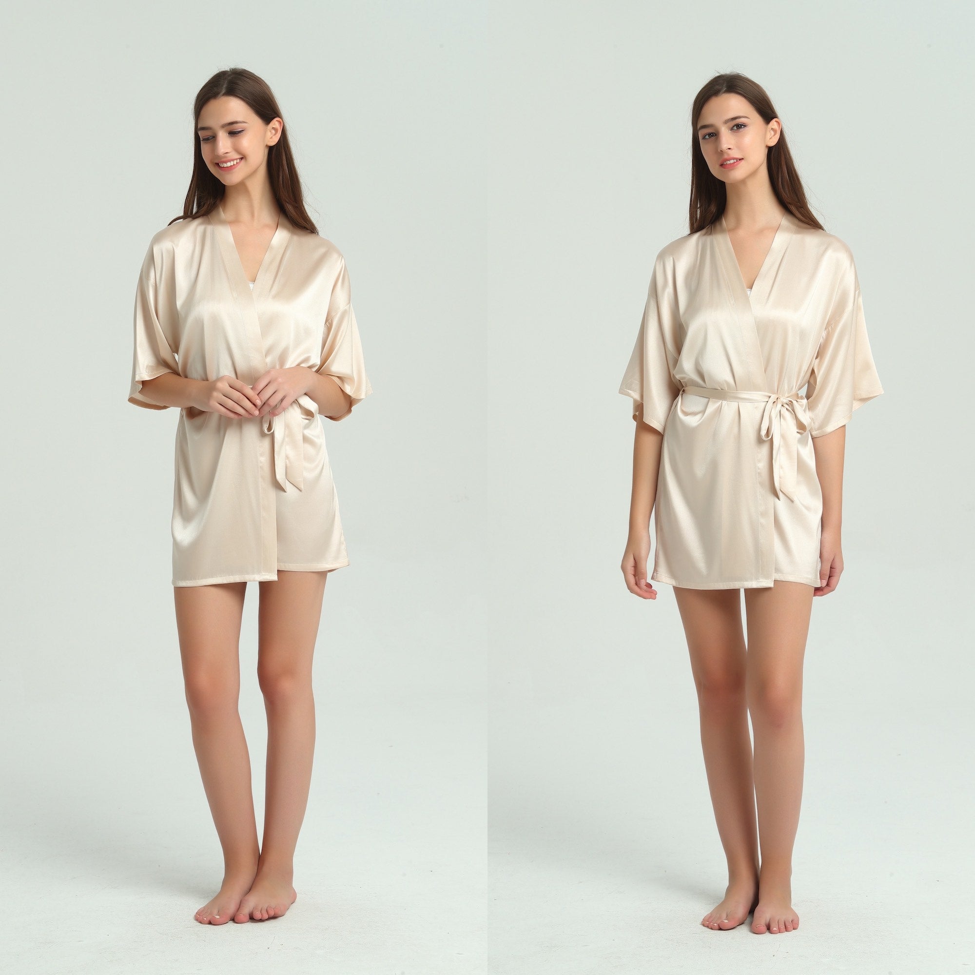Silk Kimono Dressing Gown - Nude