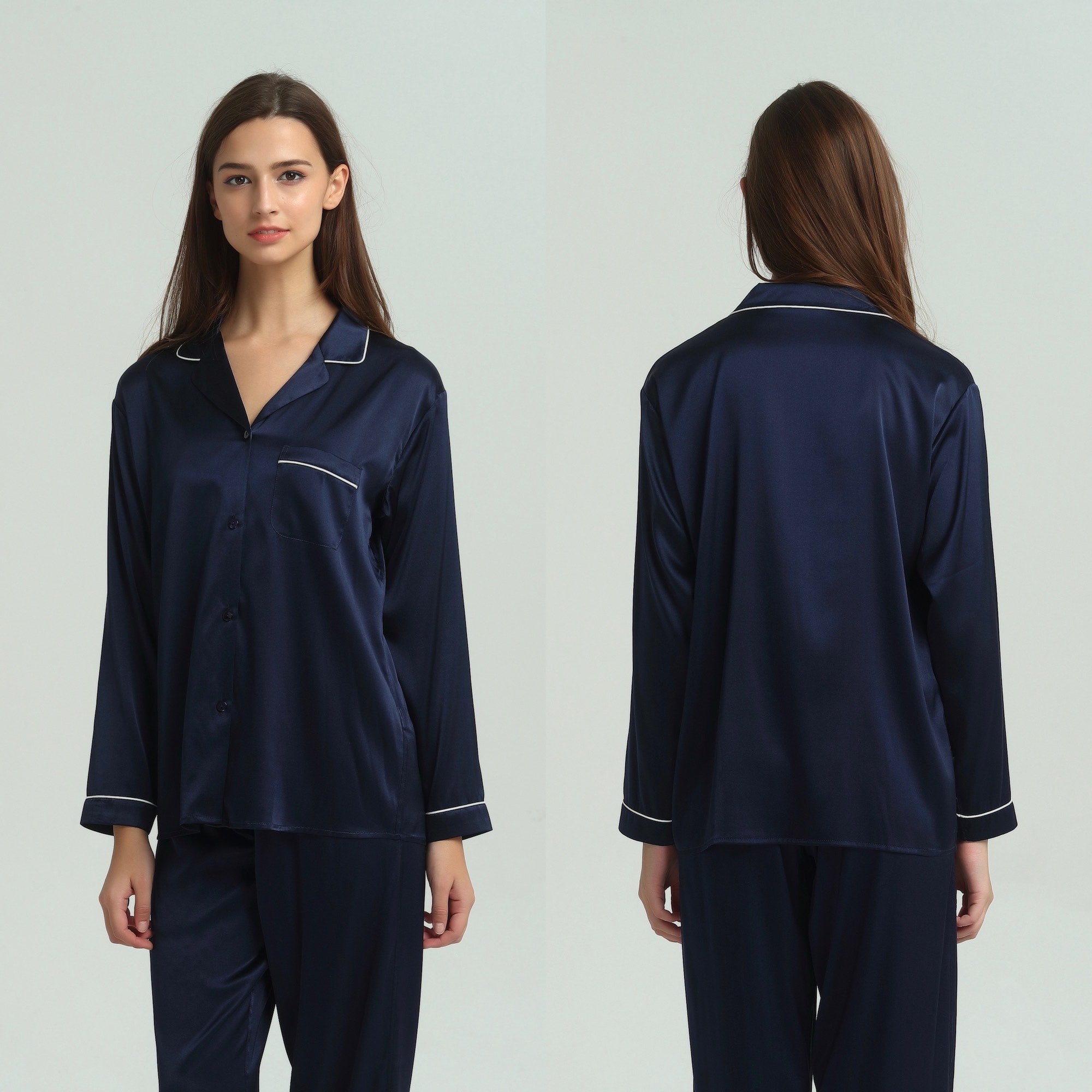 Ladies Pure Silk Navy Pyjamas