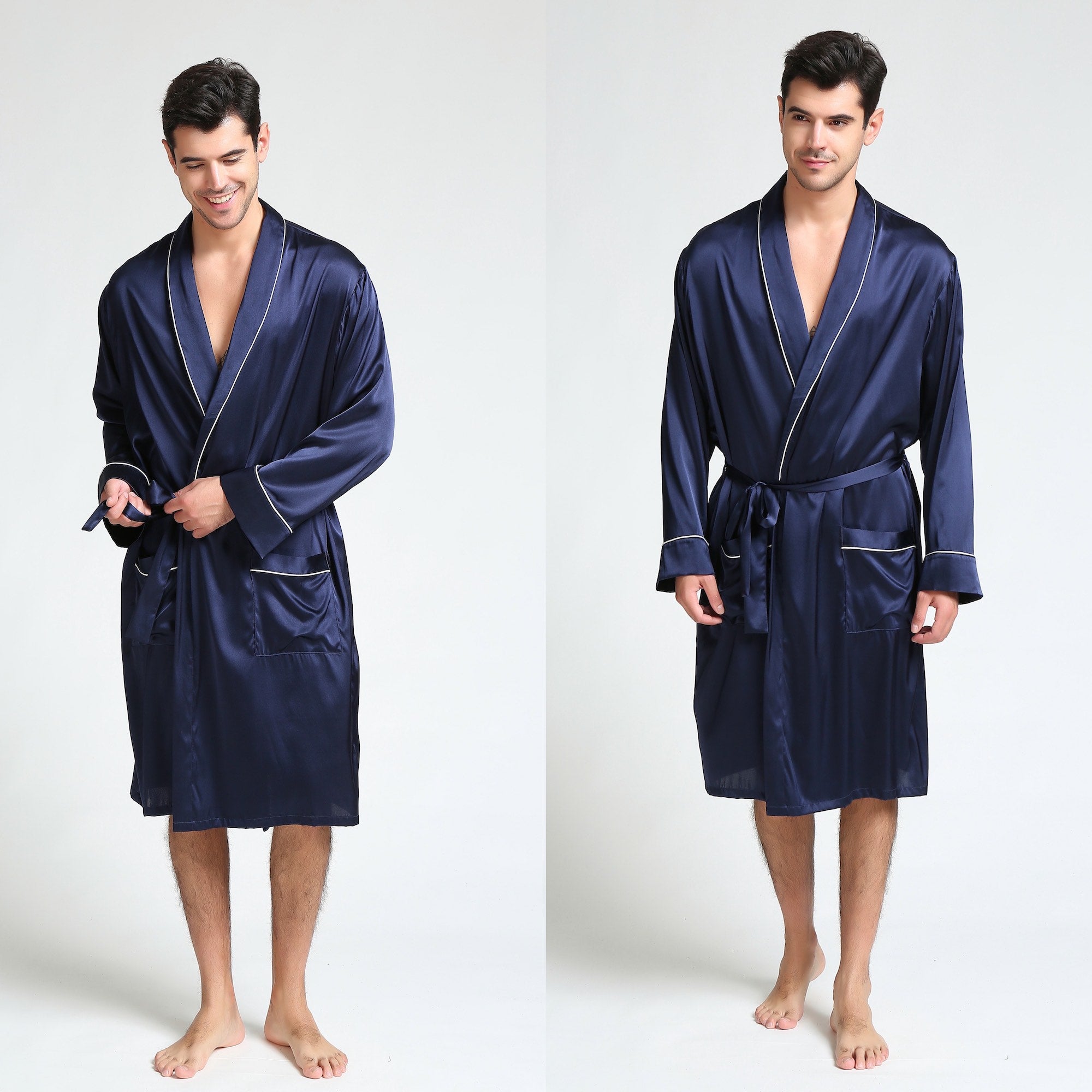 Mens Navy Silk Dressing Gown