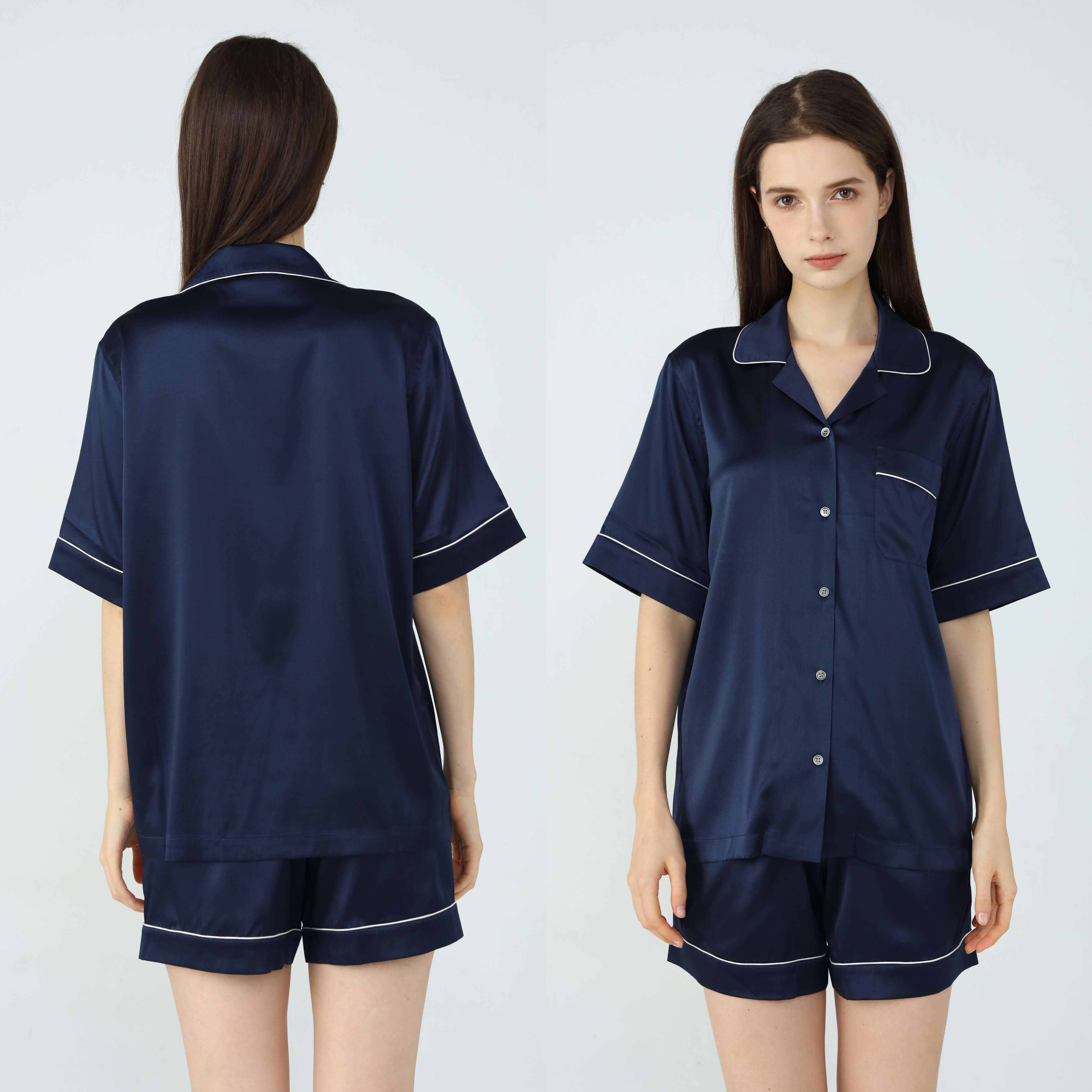Womens Silk Short Pyjamas Set Navy