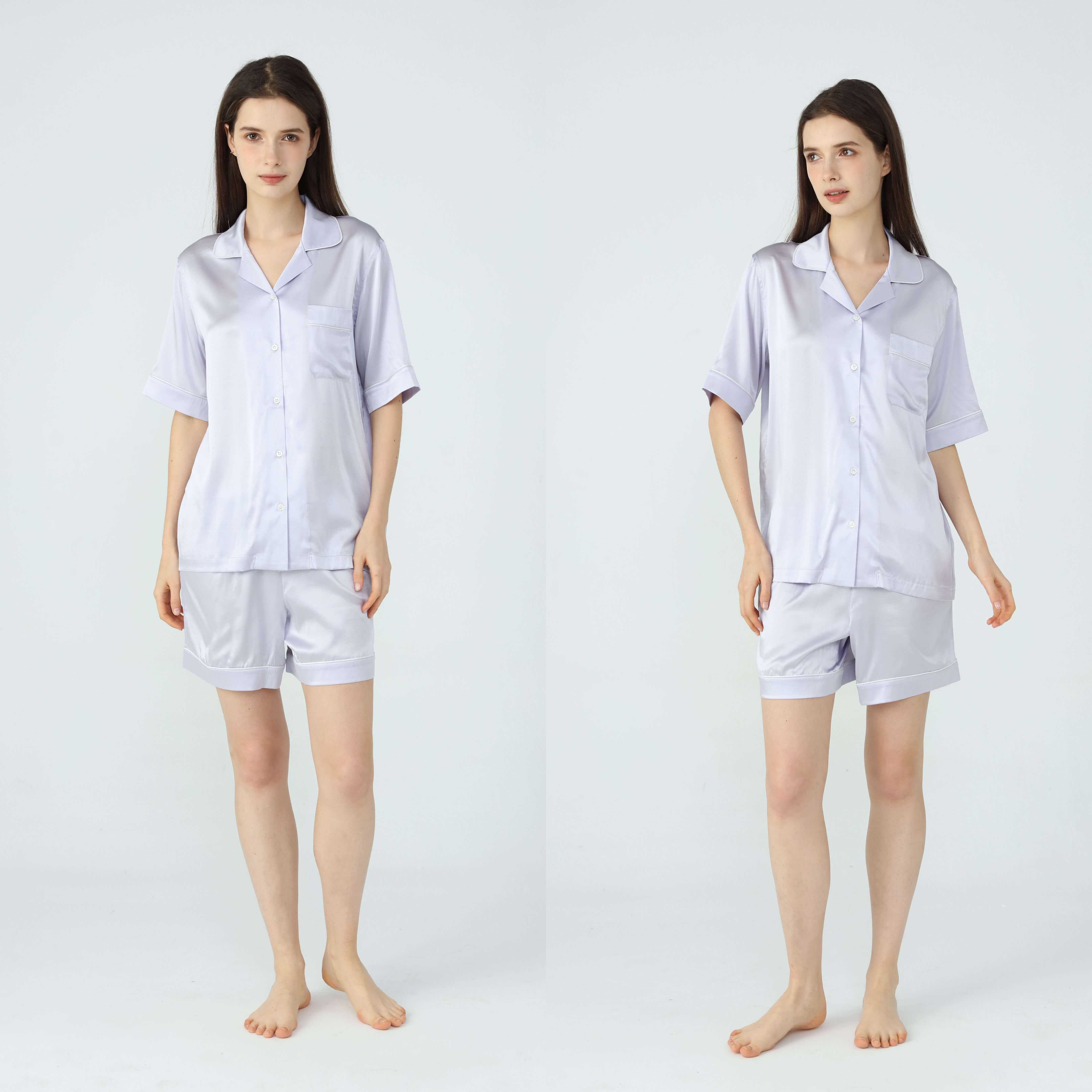 Womens Silk Short Pyjamas Set Silver Lilac