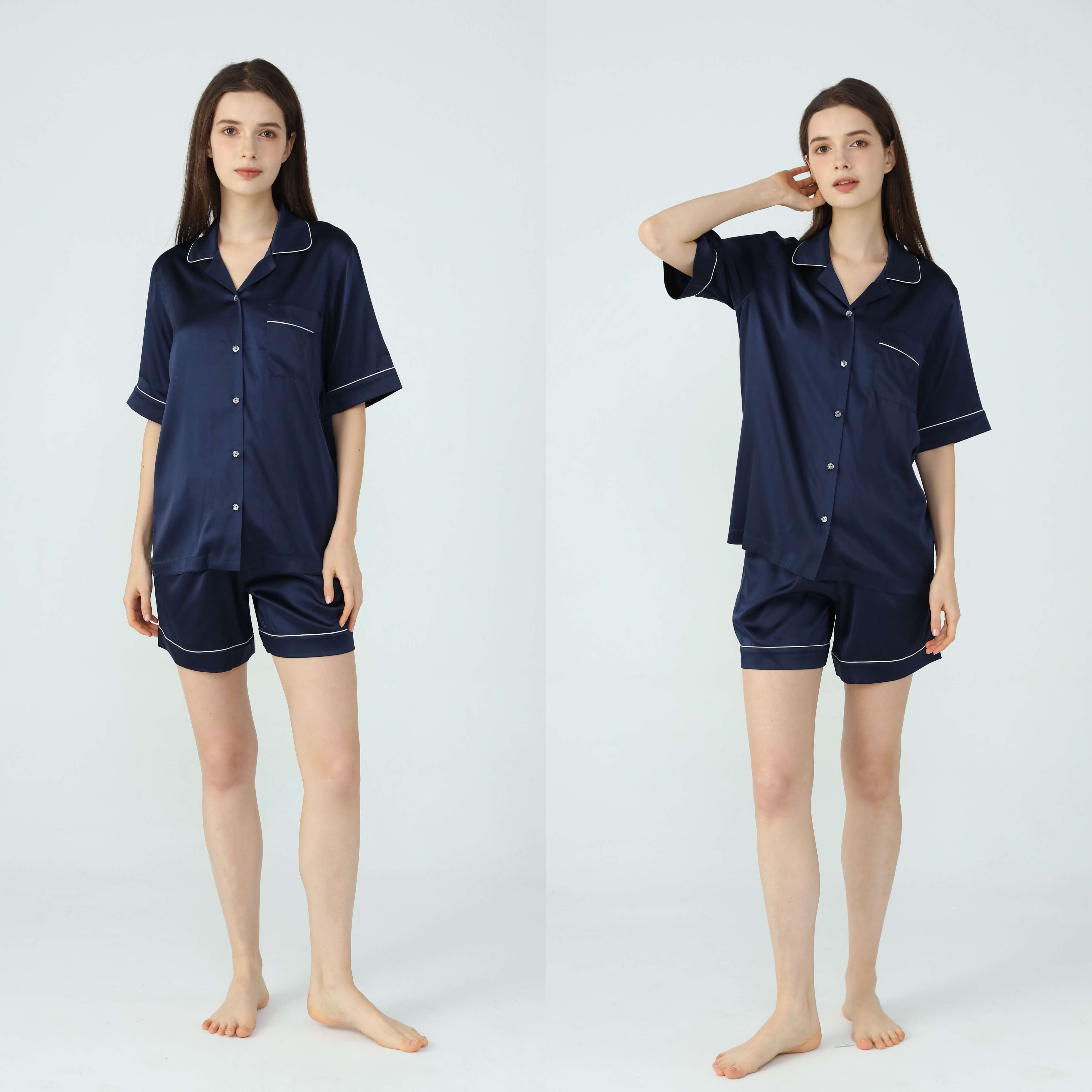 Womens Silk Short Pyjamas Set Navy