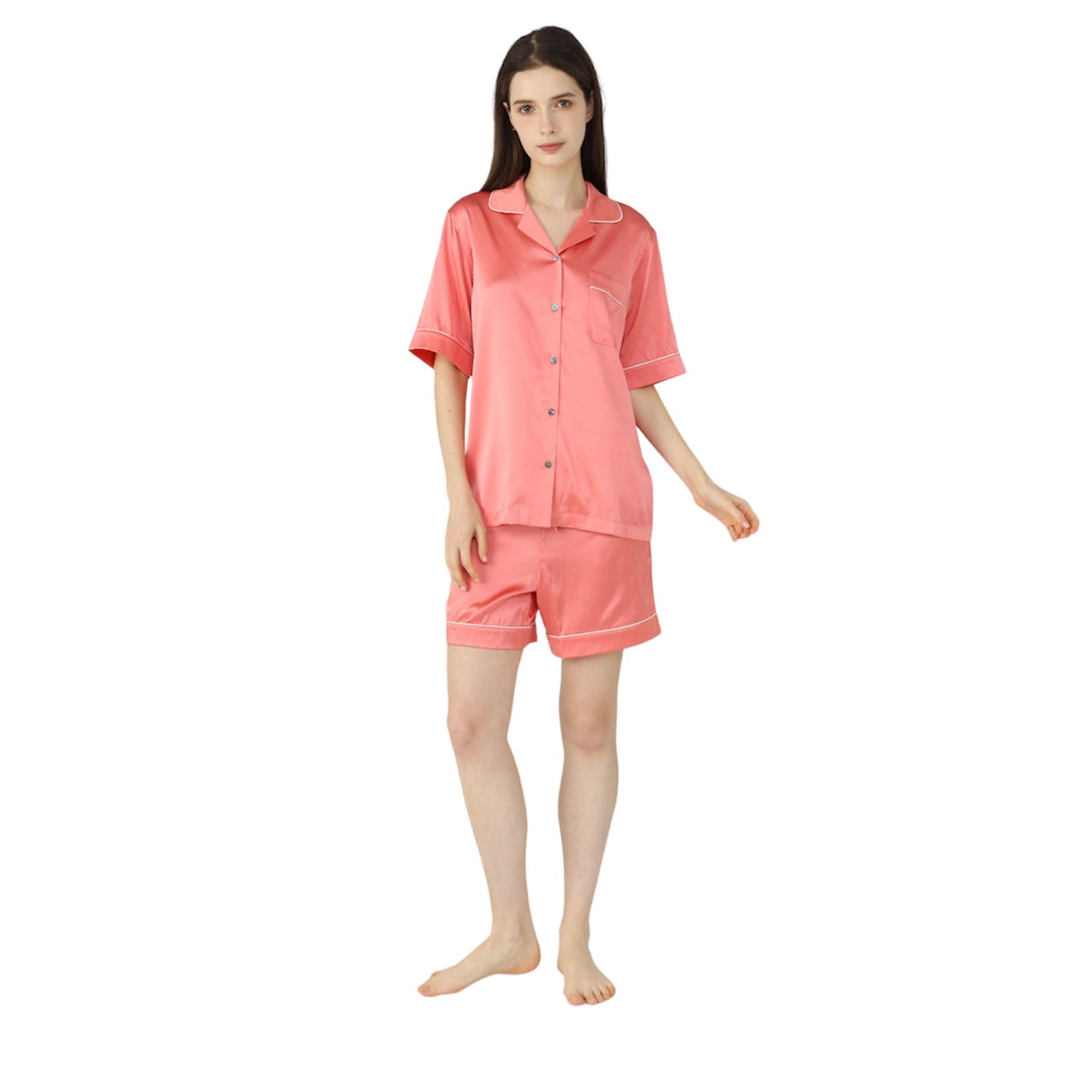 Womens Silk Short Pyjamas Set Coral UK