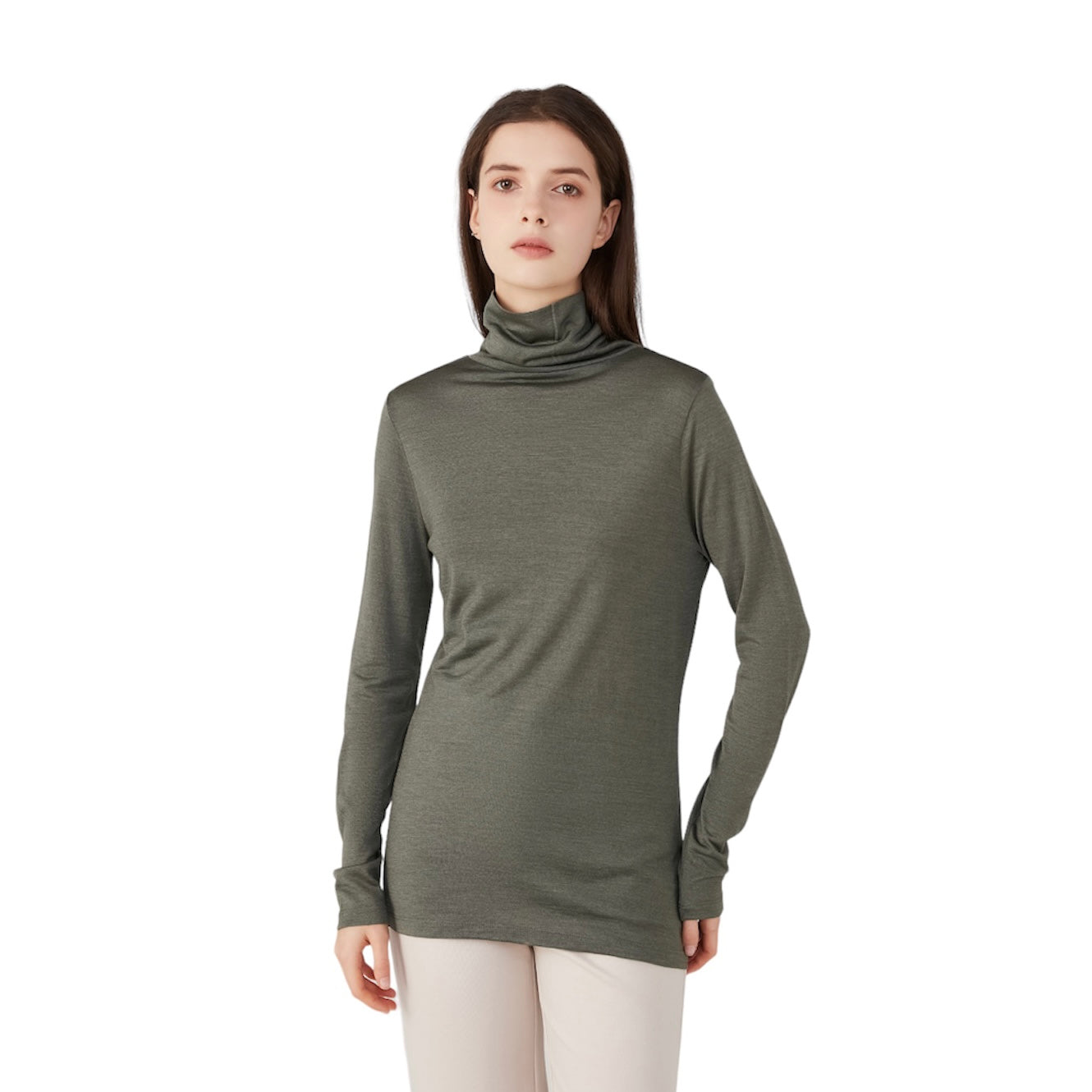 Ladies Silk Wool Turtle Neck Long Sleeved Top Khaki