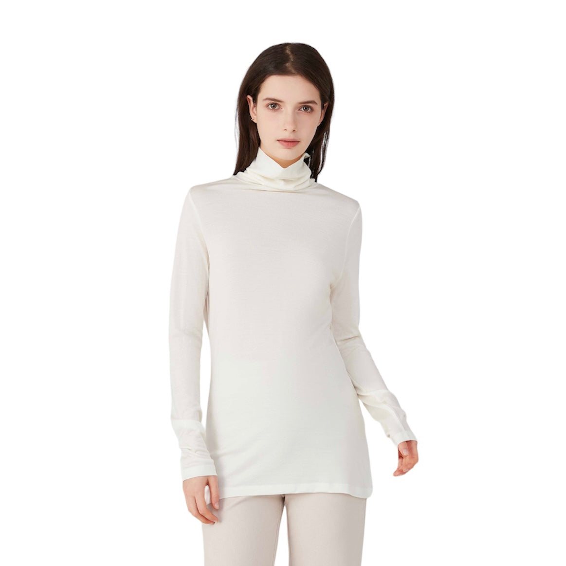 Ladies Silk Wool Turtle Neck Long Sleeved Top Ivory
