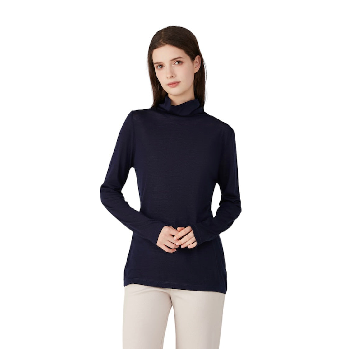Ladies Silk Wool Turtle Neck Long Sleeved Top Navy