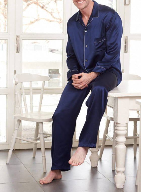 Mens Navy Pure Silk Pyjamas