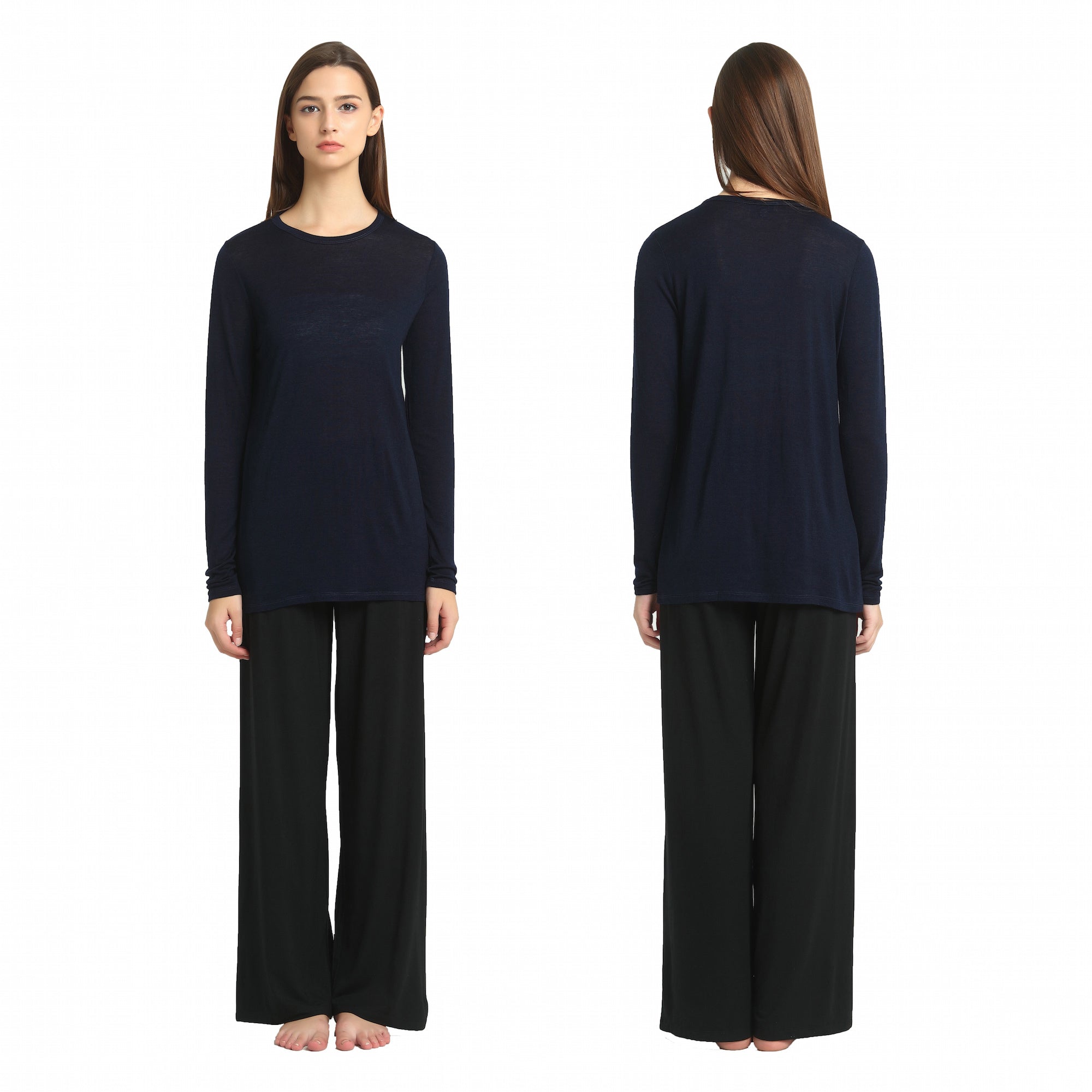 Ladies Silk Wool Long Sleeved Navy Top