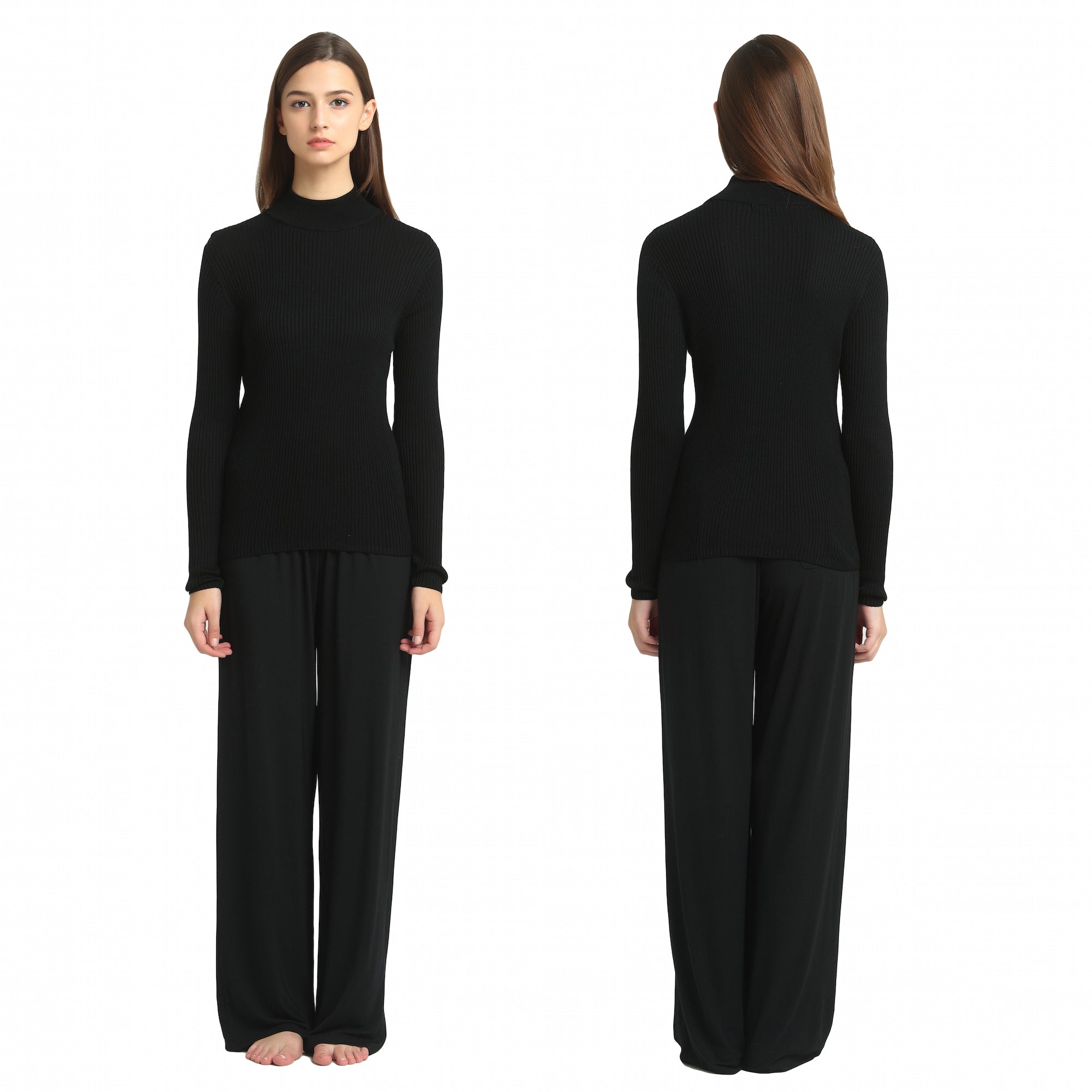 Ladies Silk Ribbed Turtle Neck Top - Black