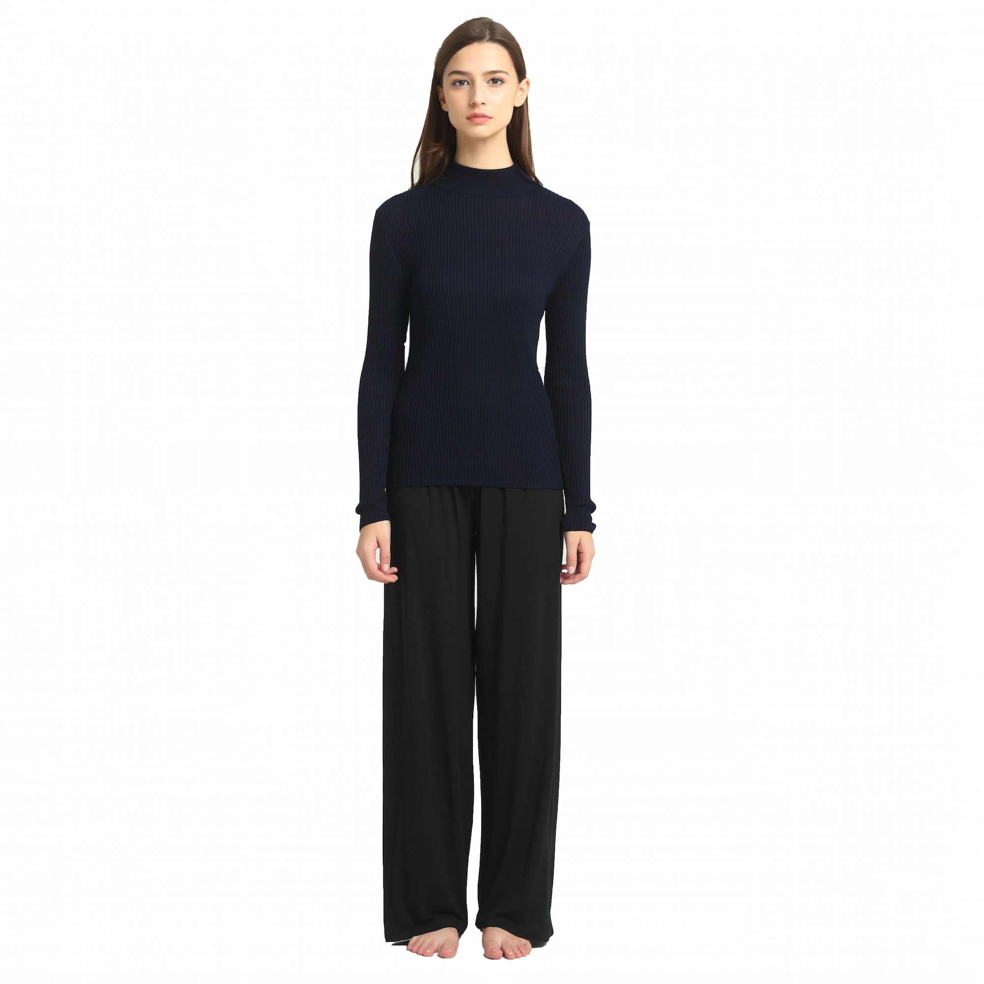 Ladies Silk Ribbed Turtle Neck Top - Navy