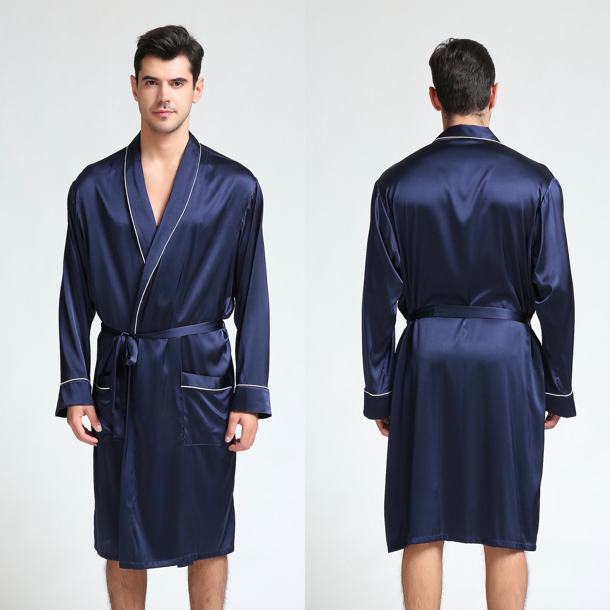 Mens Navy Silk Dressing Gown
