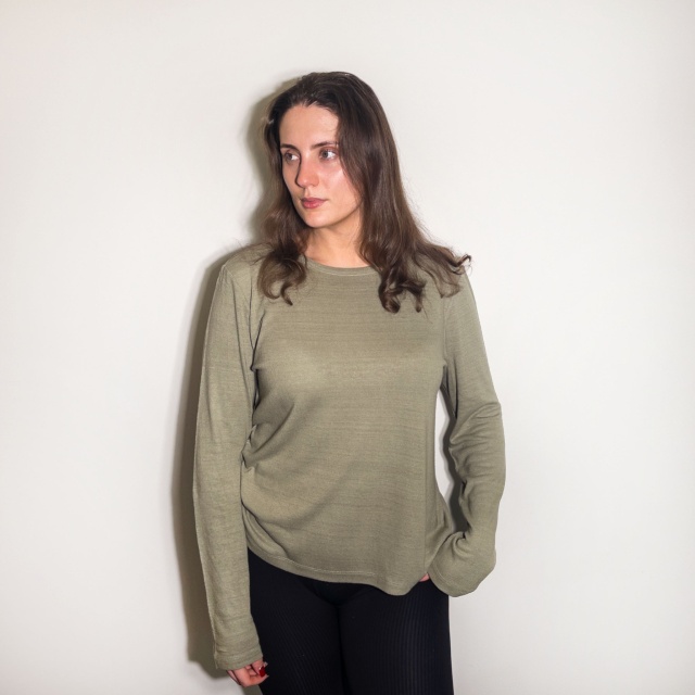 Ladies Khaki Noil Silk Long Sleeved Top