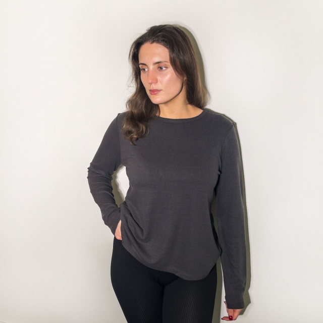 Ladies Charcoal Noil Silk Long Sleeved Top