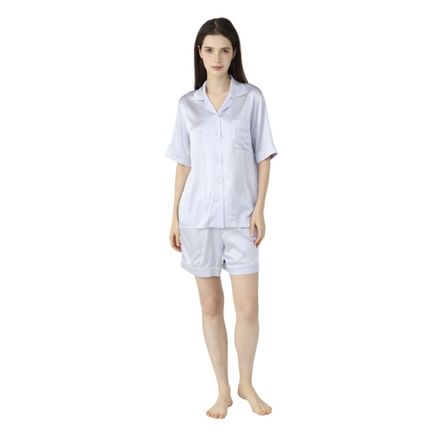 Womens Silk Short Pyjamas Set Silver Lilac