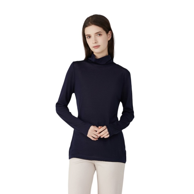 Ladies Silk Wool Turtle Neck Long Sleeved Top Navy