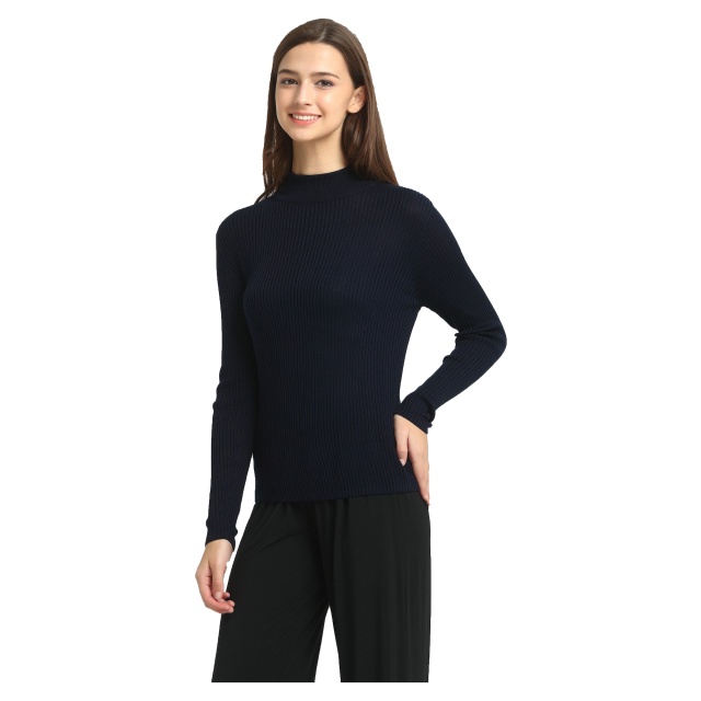 Ladies Silk Ribbed Turtle Neck Top - Navy