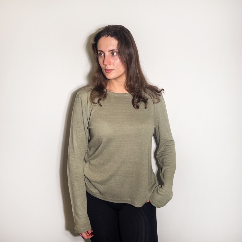 Ladies Khaki Noil Silk Long Sleeved Top