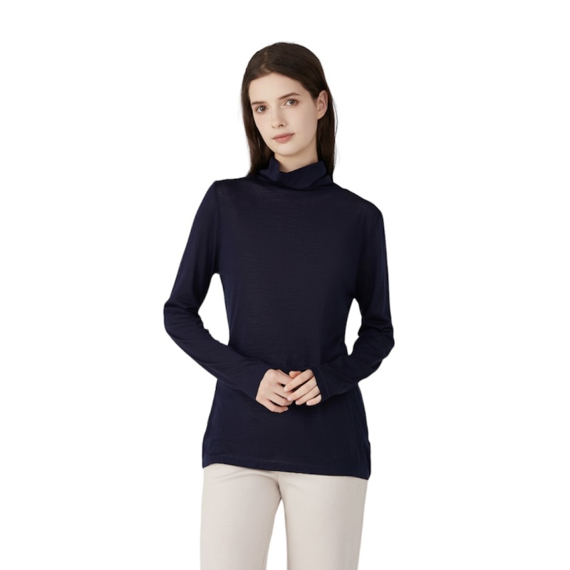 Ladies Silk Wool Turtle Neck Long Sleeved Top Navy